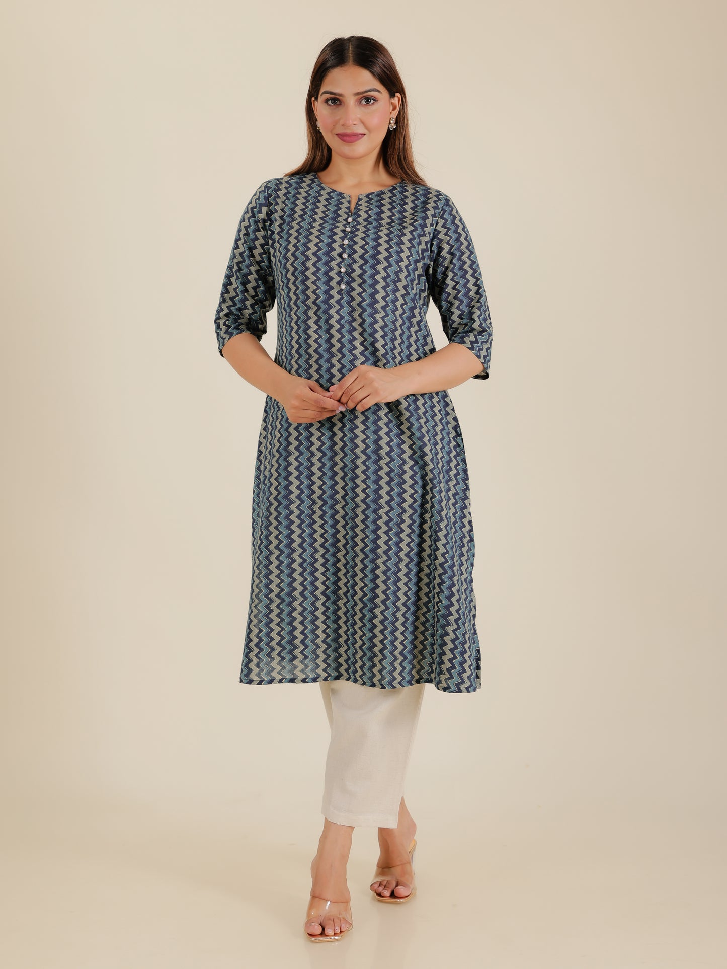 Soft Cotton Chevron A-line Blue Kurta