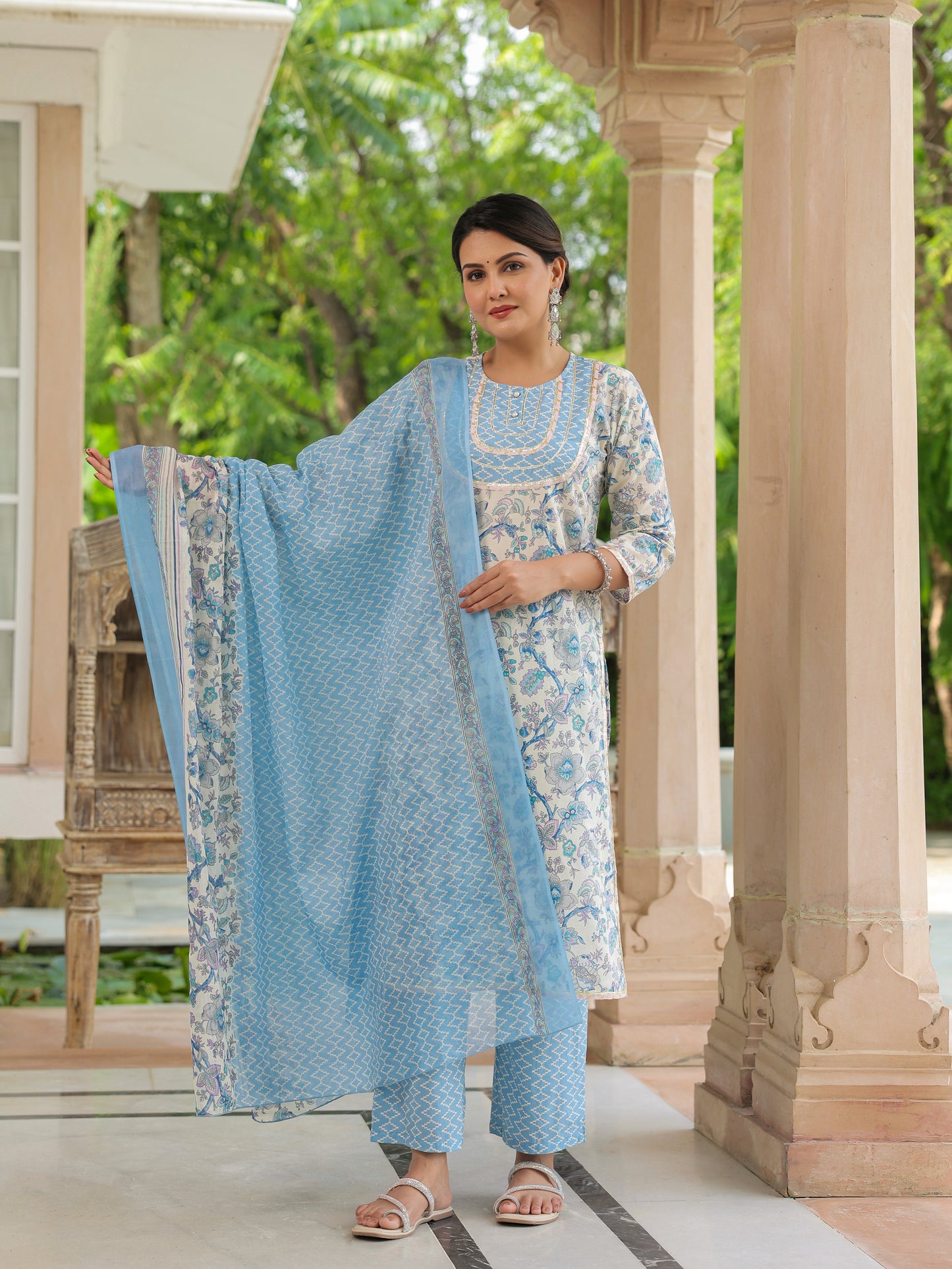 Voile Cotton Geometric Blue Dupatta