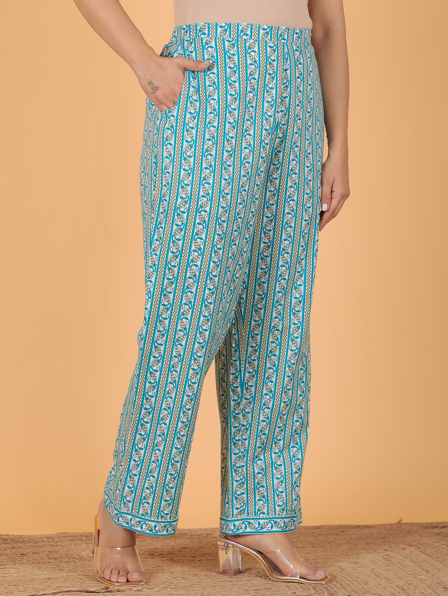 Soft Cotton Striped Turquoise Straight Trousers