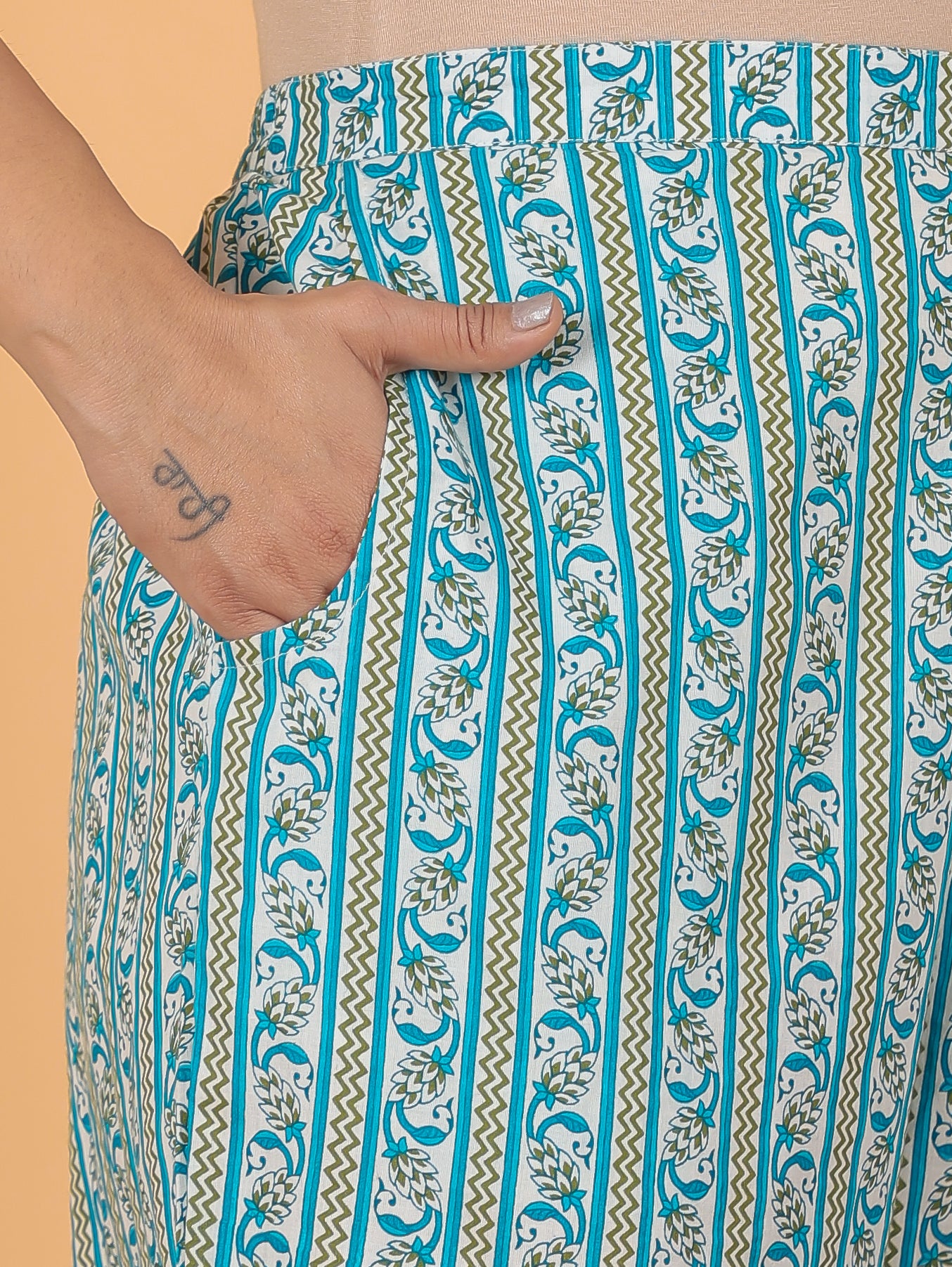 Soft Cotton Striped Turquoise Straight Trousers