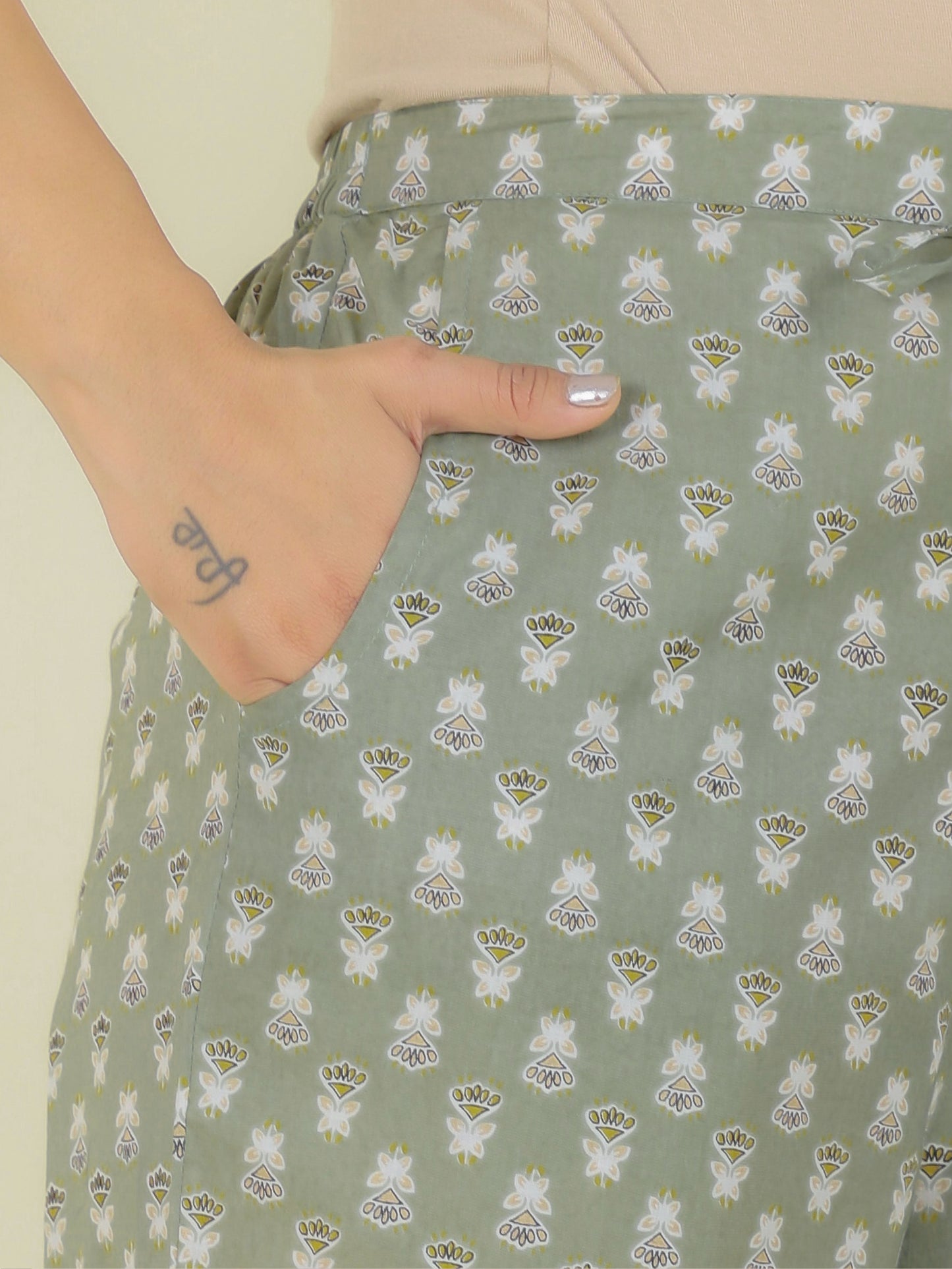 Soft Cotton Butti Green Straight Trousers