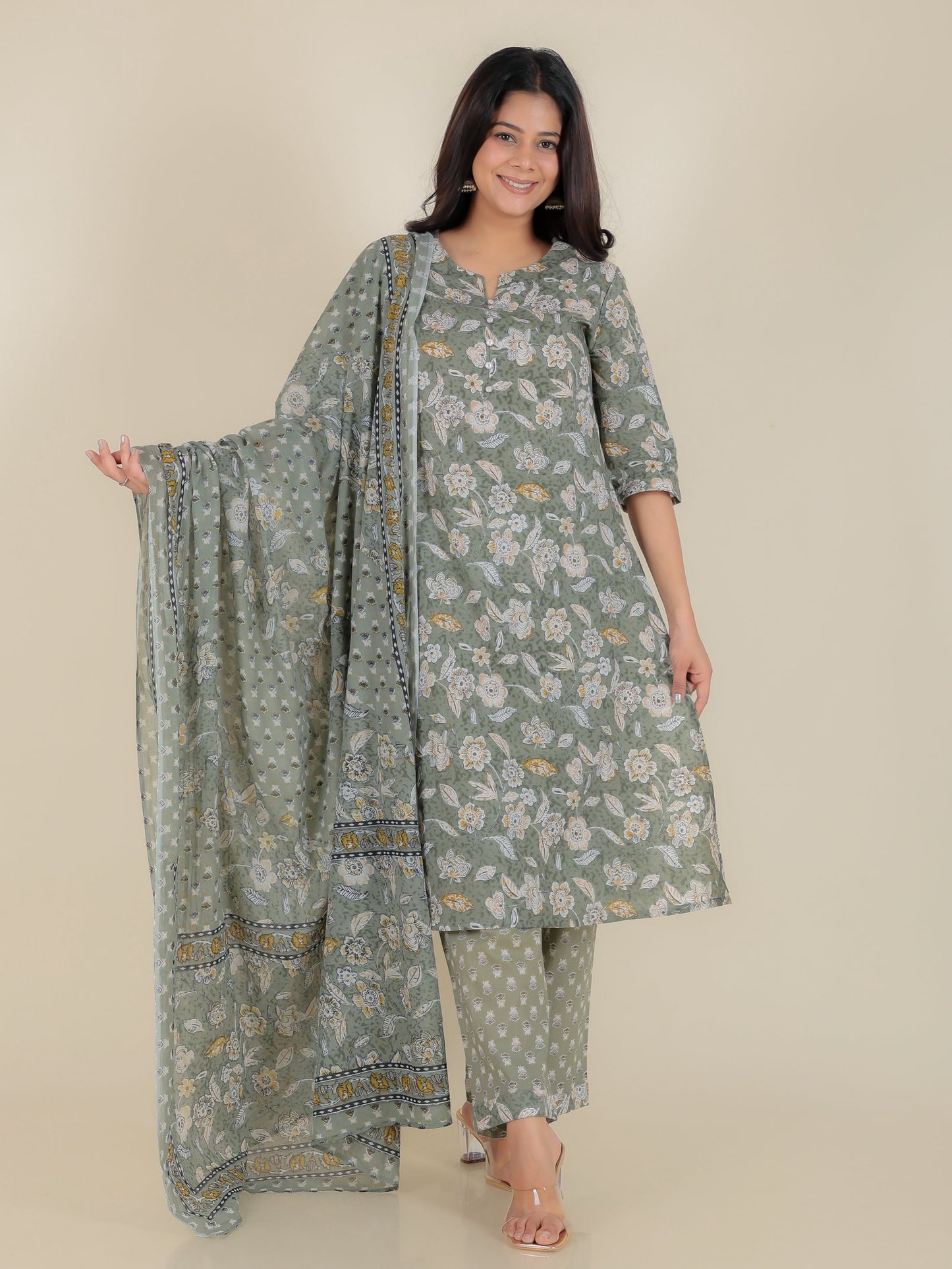 Soft Cotton Floral A-line Green Kurta
