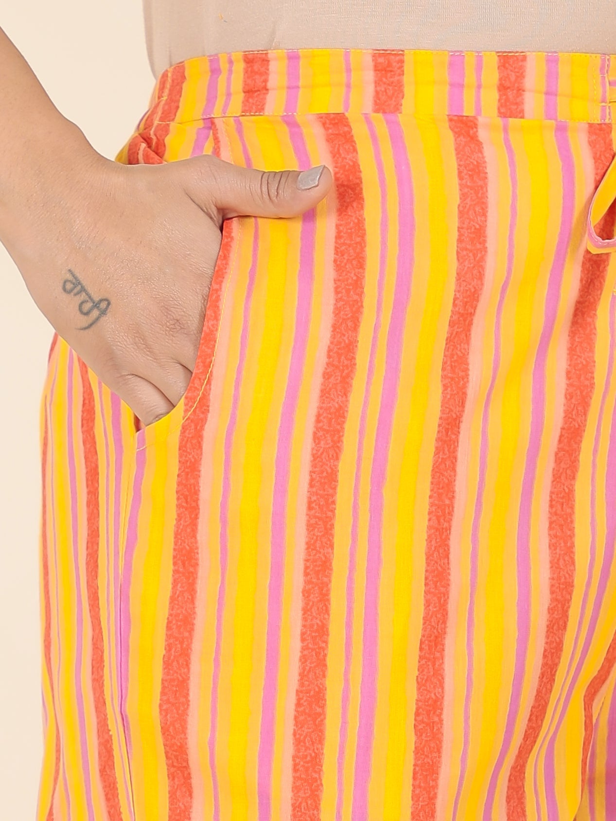 Soft Cotton Striped Yellow Straight Trousers