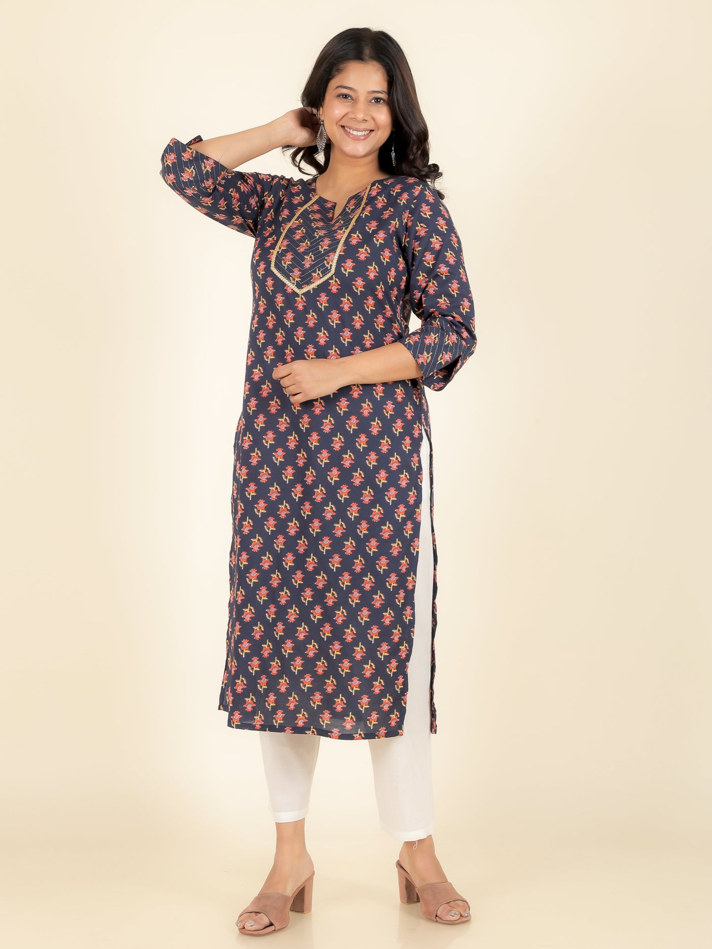 Soft Cotton Butti Straight Blue Kurta