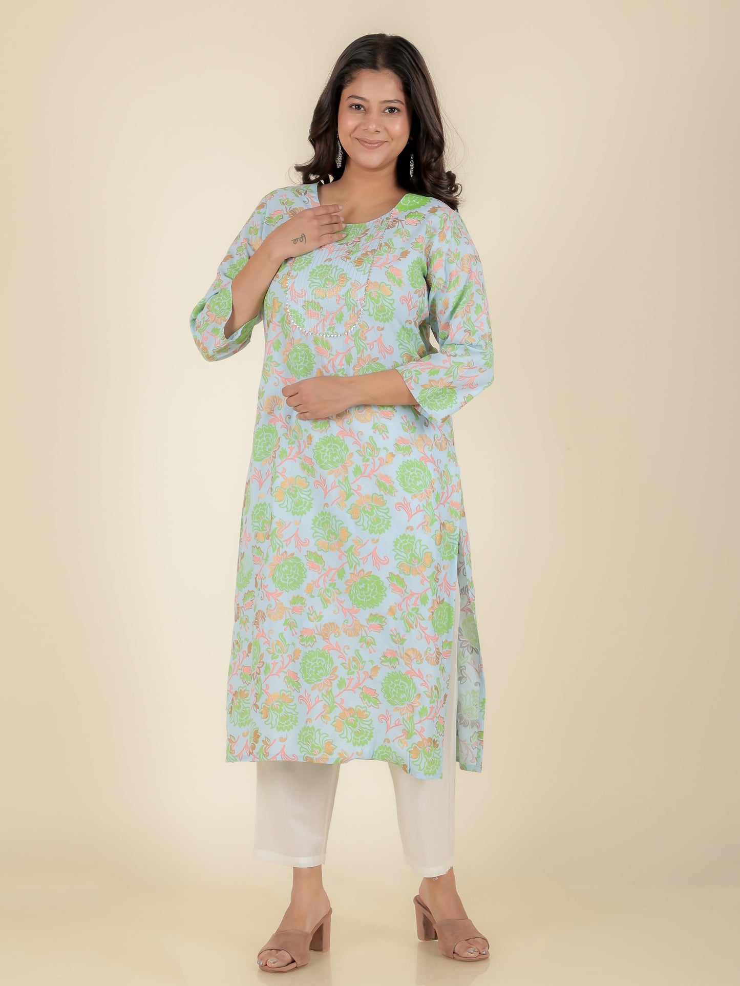 Viscose Floral Straight Green Kurta
