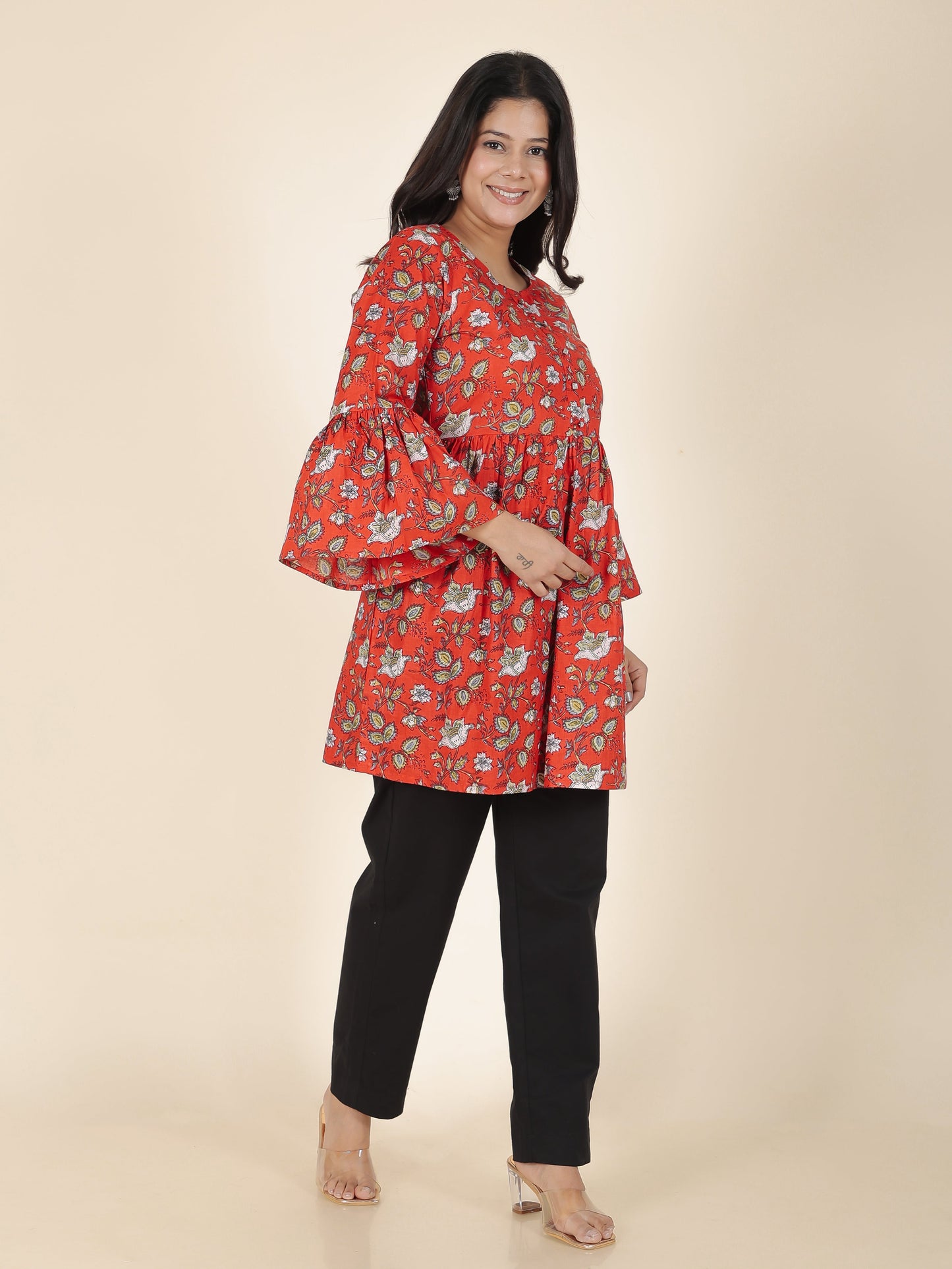 Embroidered Soft Cotton Floral A-line Red Kurti