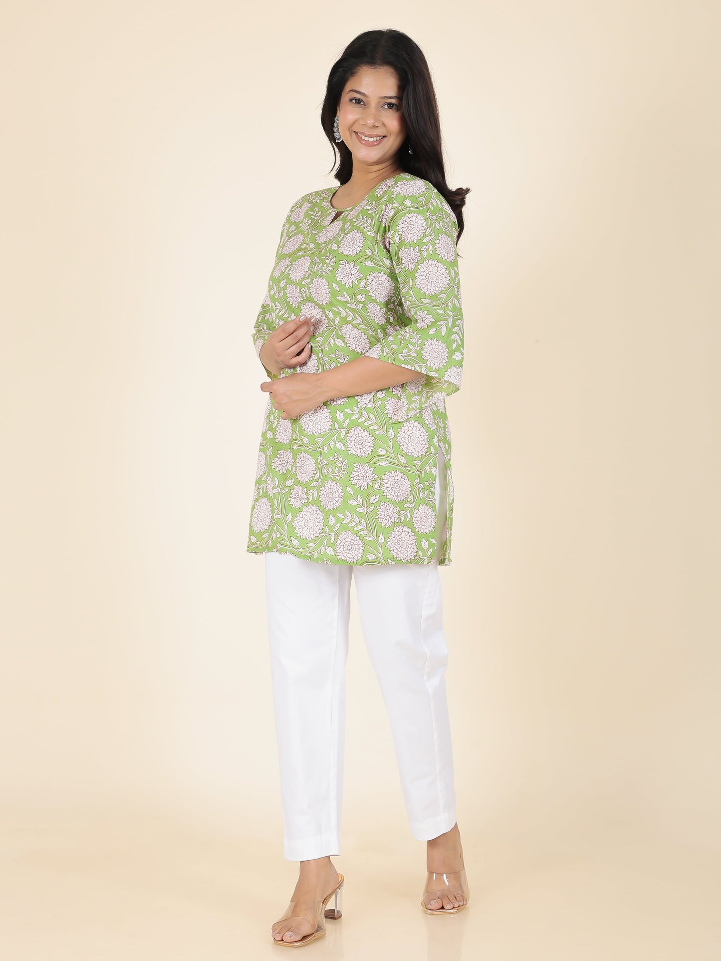 Soft Cotton Floral Straight Green Kurti