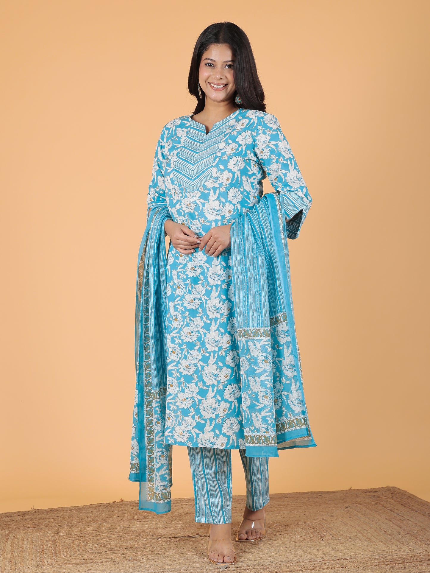 Cotton Voile Floral Blue Dupatta