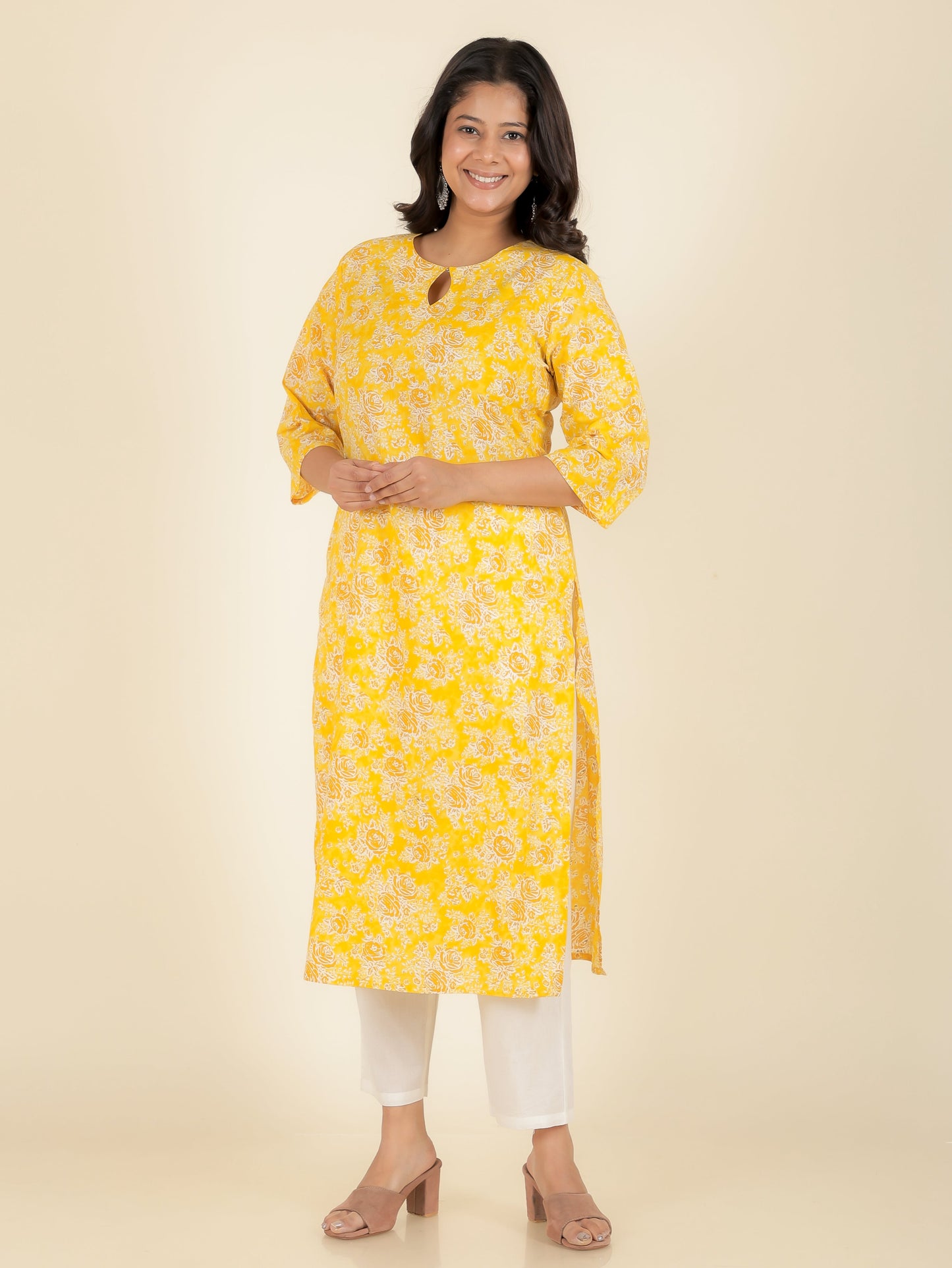 Soft Cotton Floral Straight Yellow Kurta