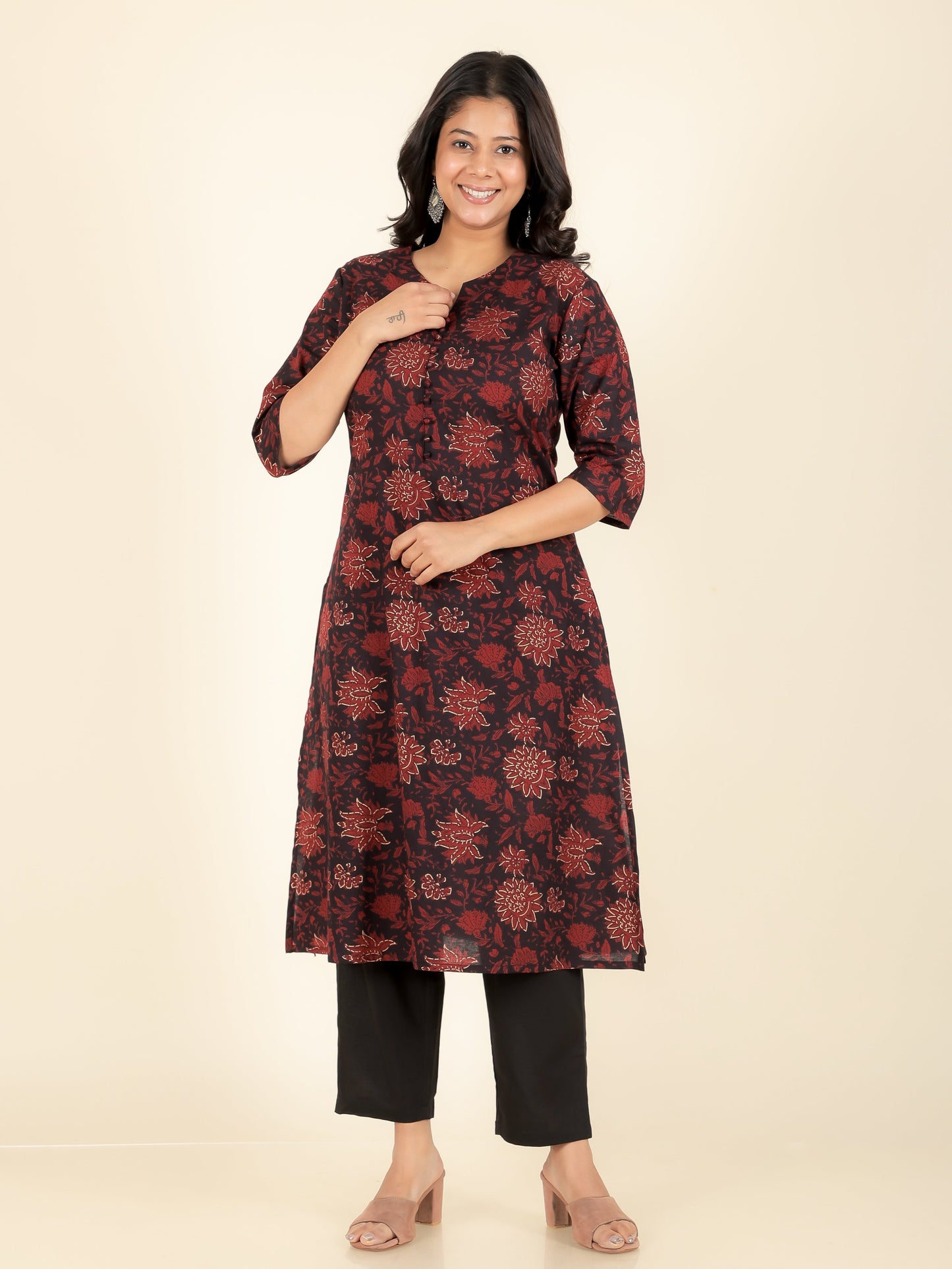 Soft Cotton Floral A-line Black Kurta