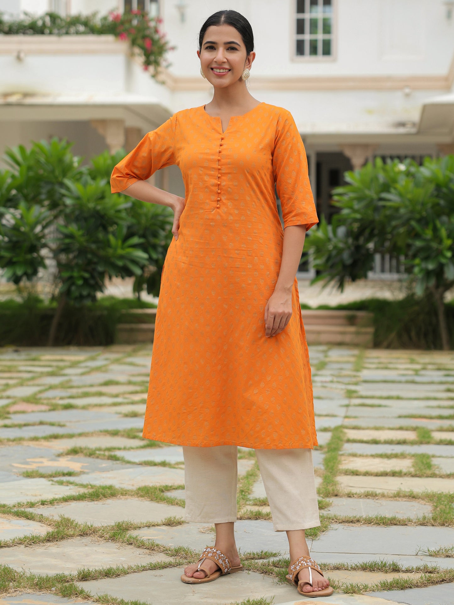 Soft Cotton Butti A-line Orange Kurta