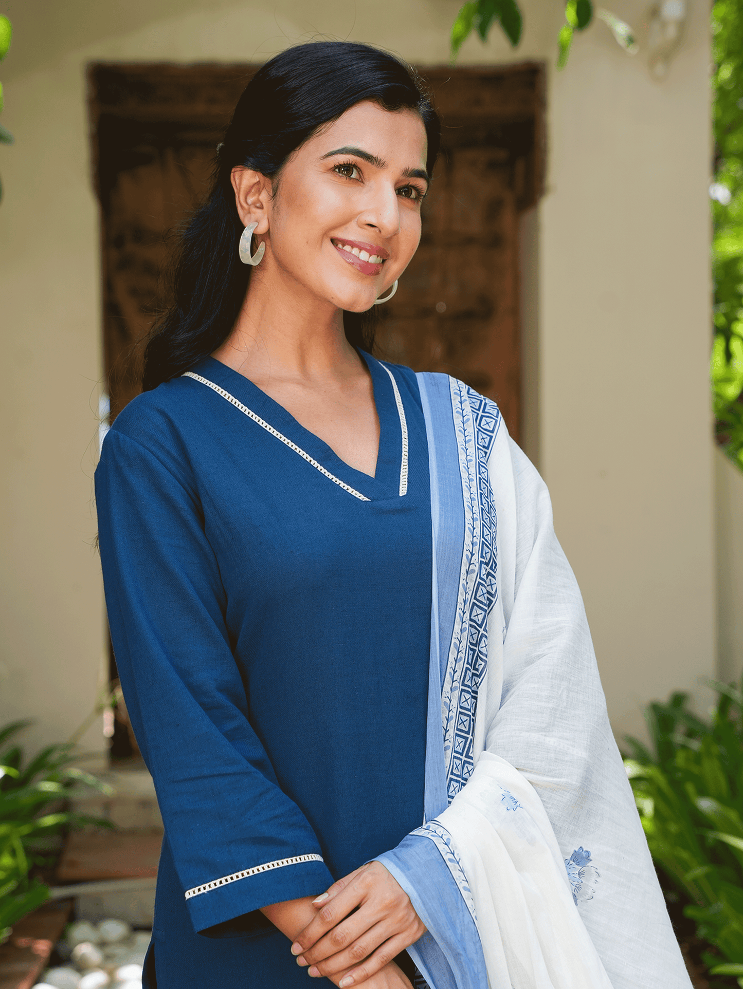 Linen Cotton Solid Straight Blue Kurta