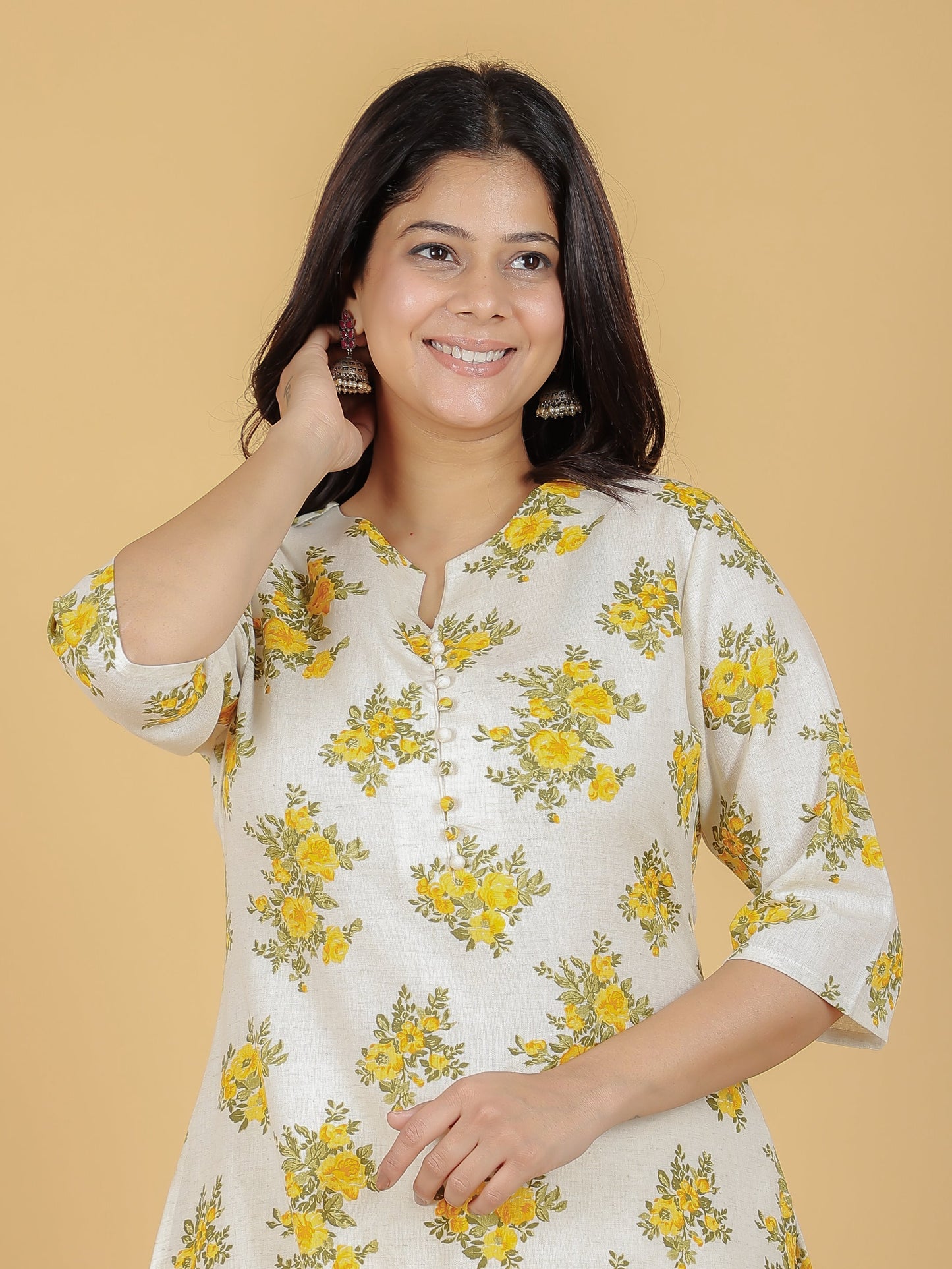 Linen Cotton Floral A-line Yellow Kurta