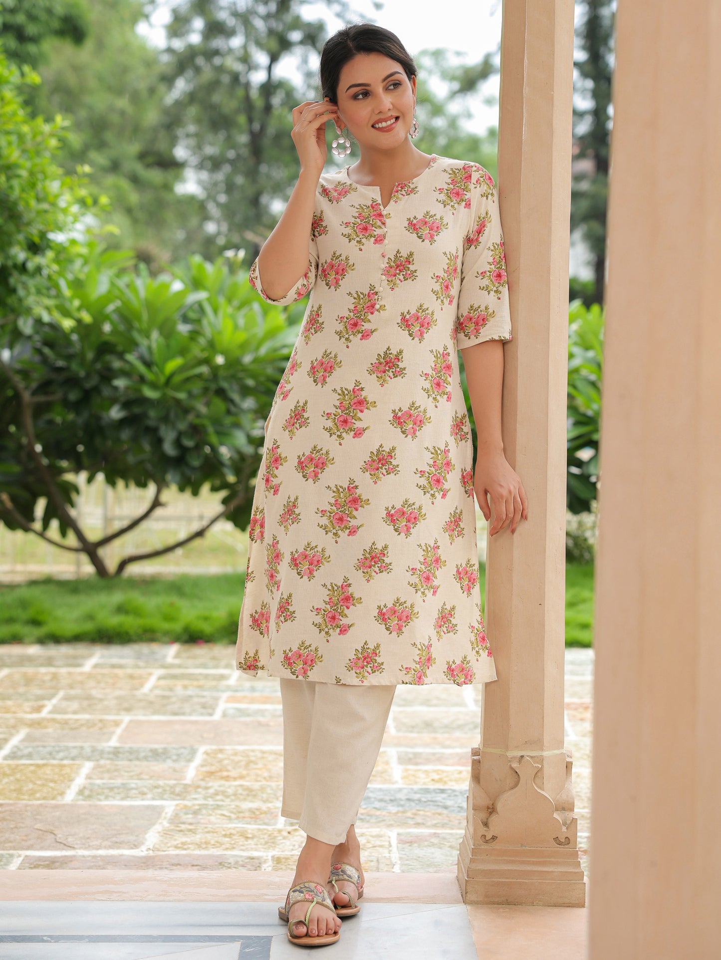 Linen Cotton Floral A-line Pink Kurta