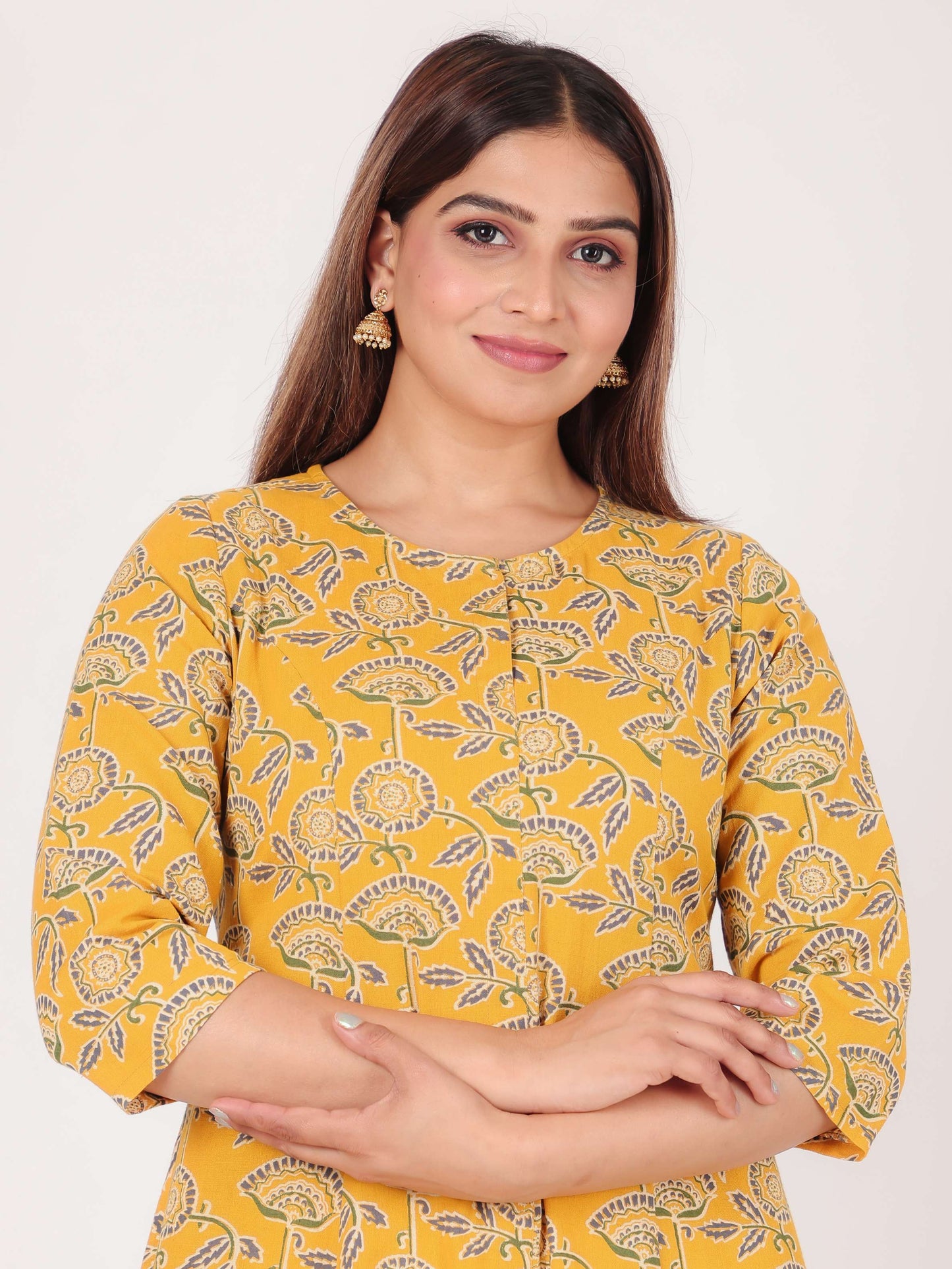 Linen Cotton Floral A-line Yellow Kurta
