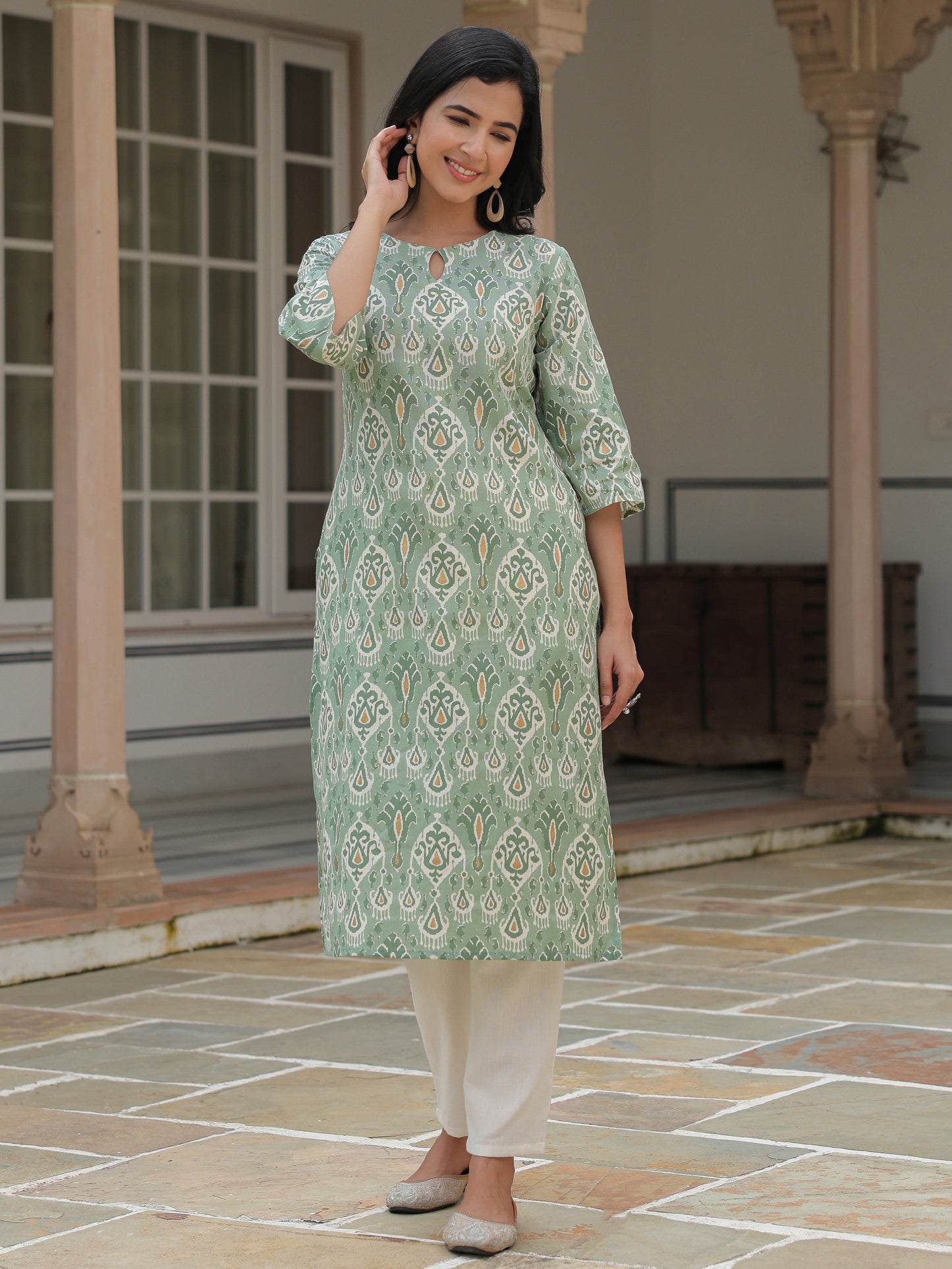 Linen Cotton Ikat Straight Green Kurta
