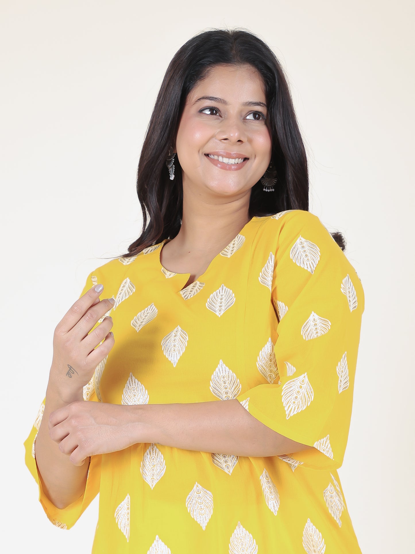 Soft Cotton Geometric A-line Yellow Kurti