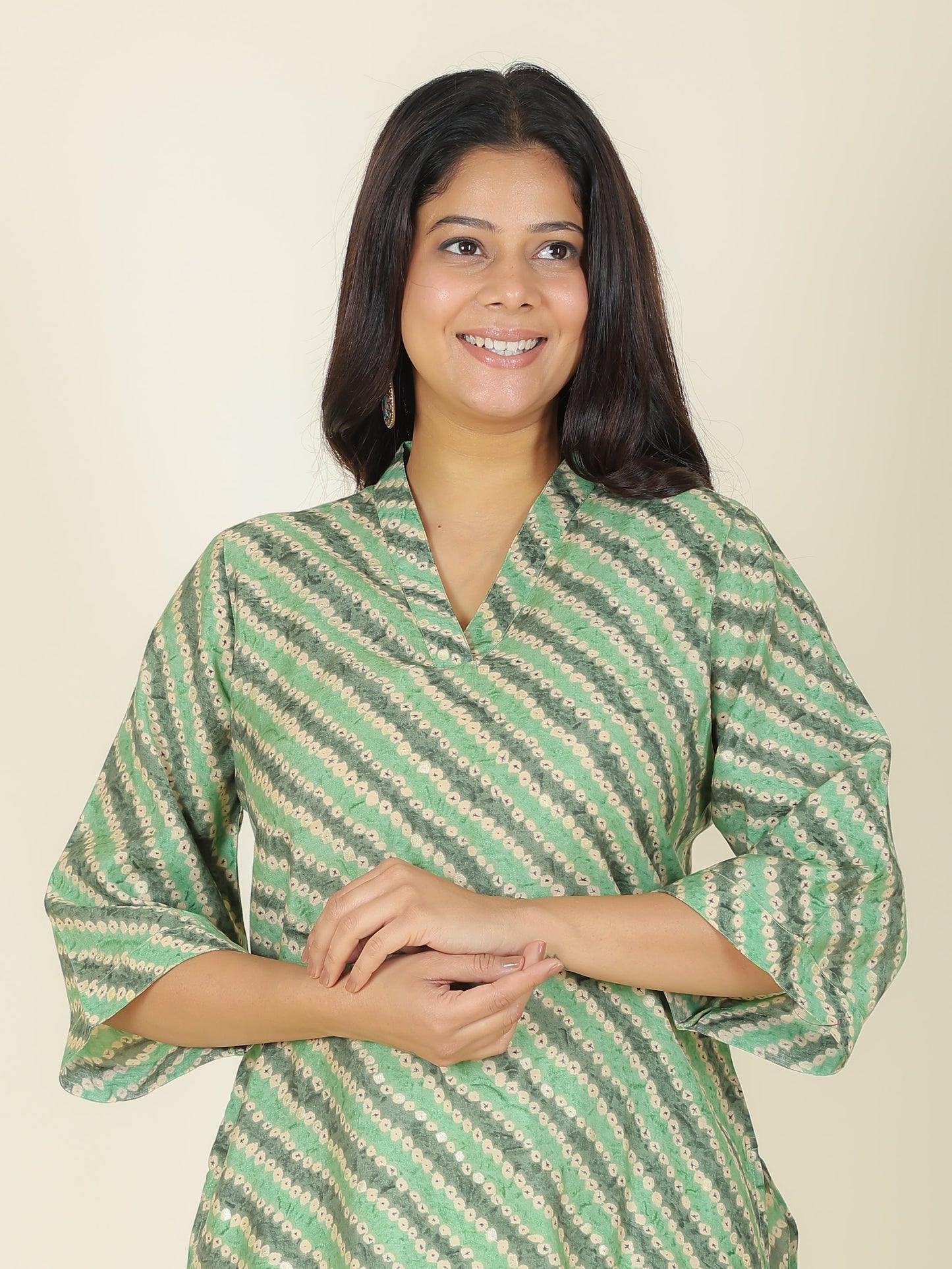 Muslin Bandhani Straight Green Kurti