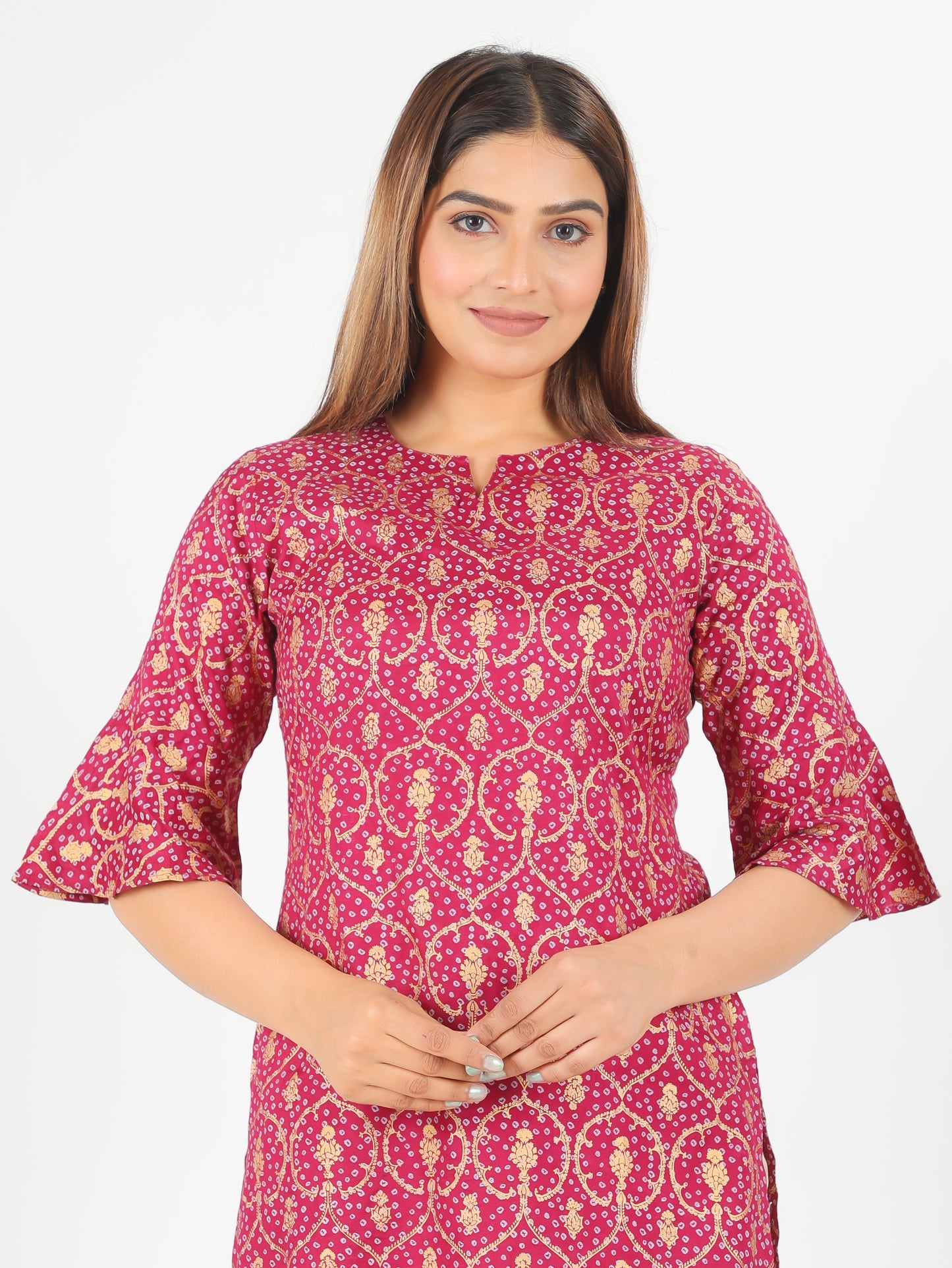 Viscose Gold foil Straight Pink Kurti
