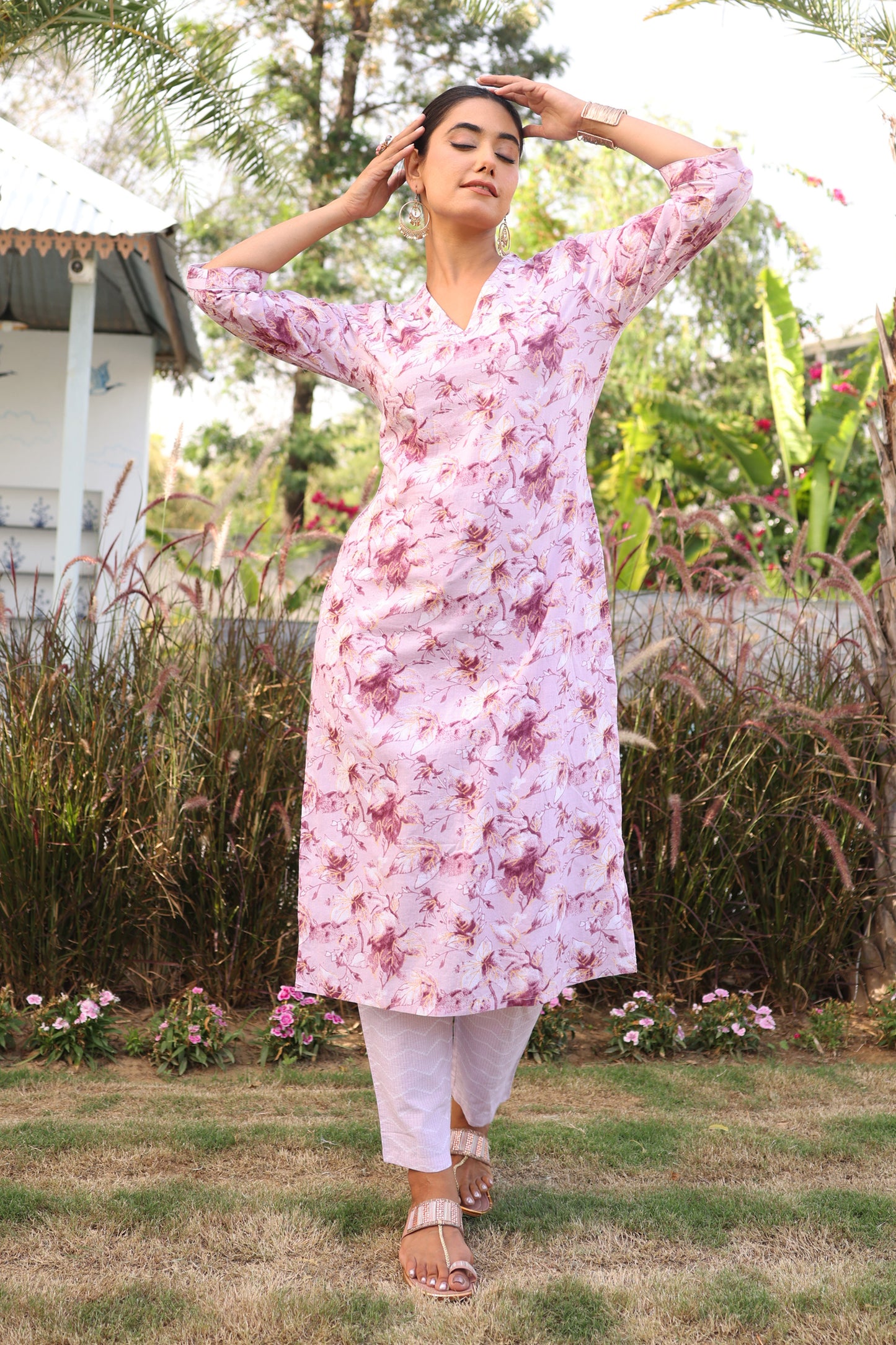 Soft Cotton Gold foil Straight Purple Kurta