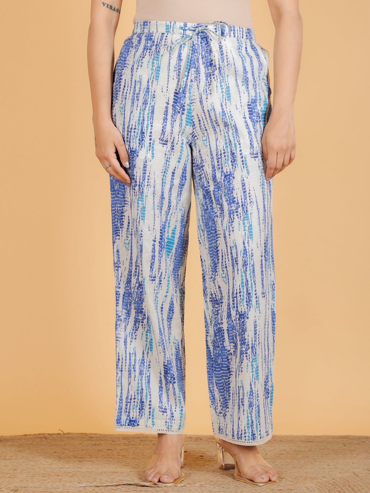 Kantha Cotton Tie-Dye Off White Straight Trousers
