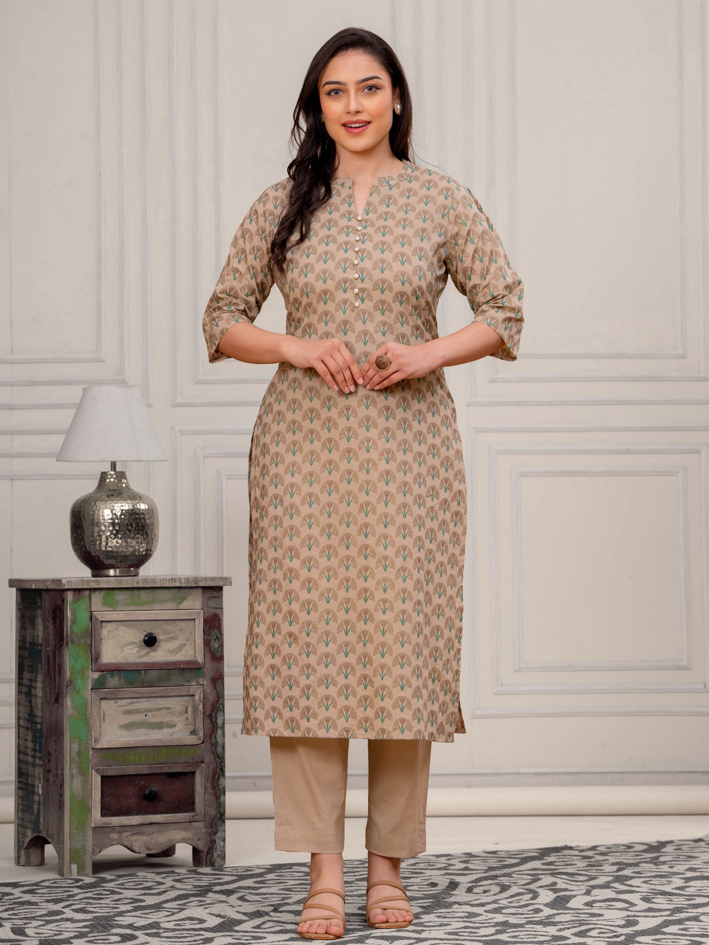 Soft Cotton Floral Straight Beige Kurta