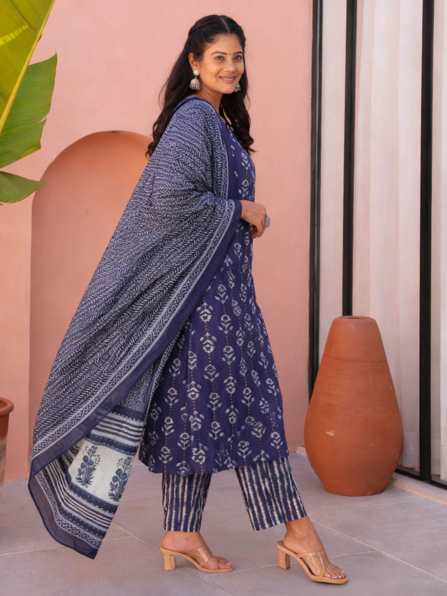 Soft Cotton Gold foil Straight Blue Kurta