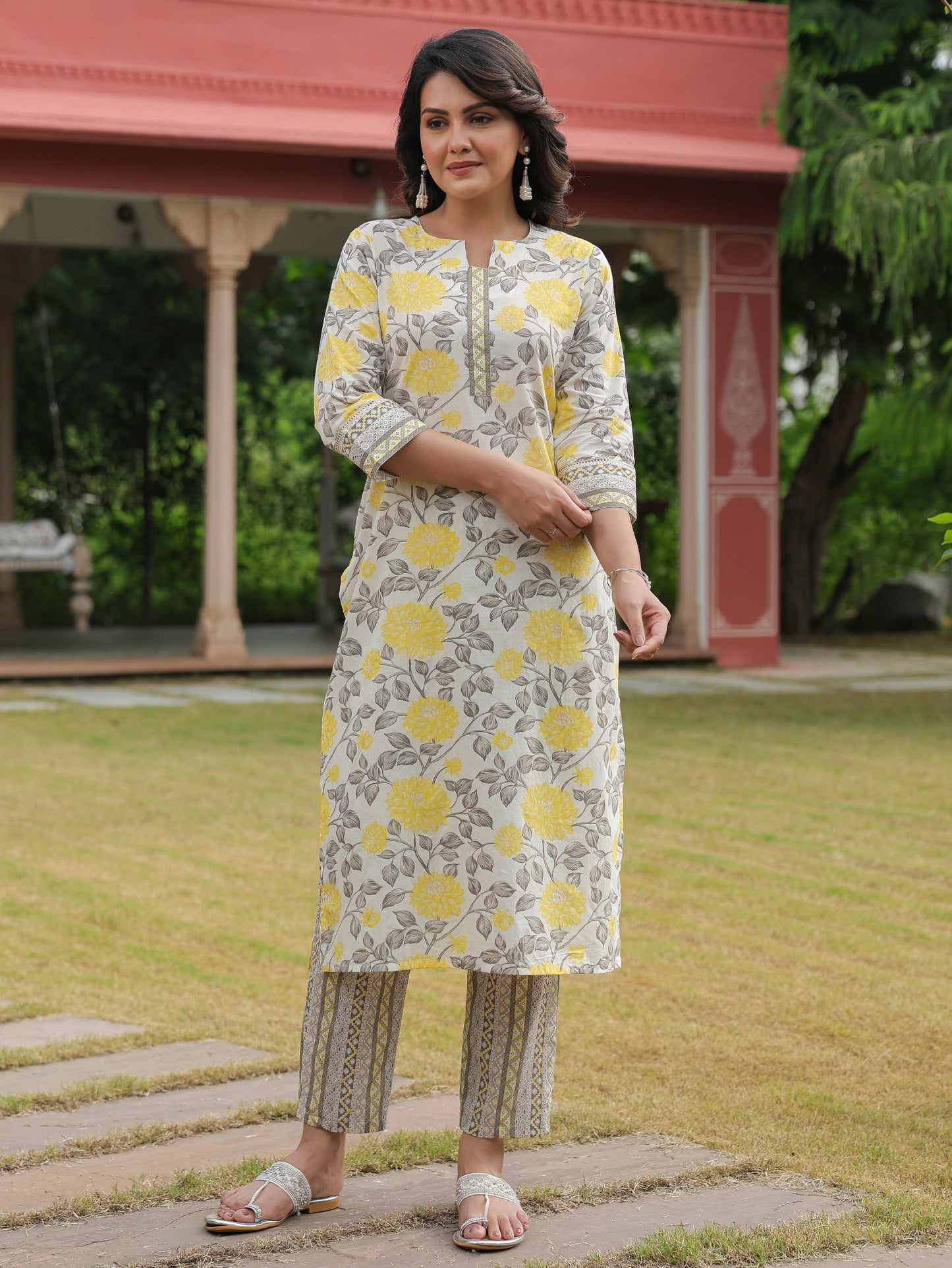 Soft Cotton Floral Straight Yellow Kurta