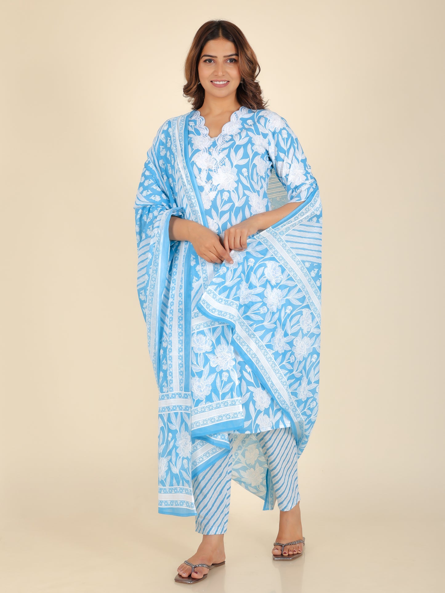 Voile Cotton Floral Blue Dupatta