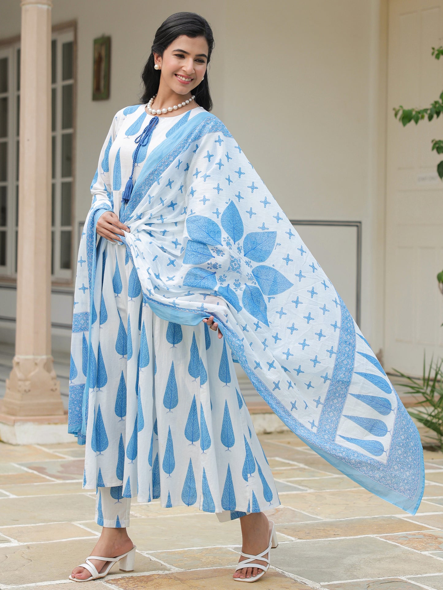 Soft Cotton Foliage Flared Blue Kurta