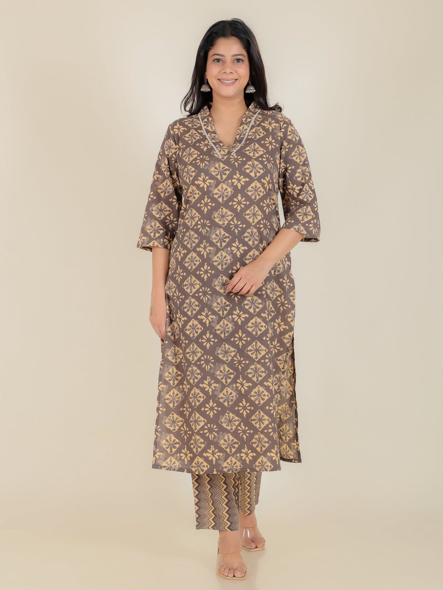 Soft Cotton Geometric Straight Brown Kurta
