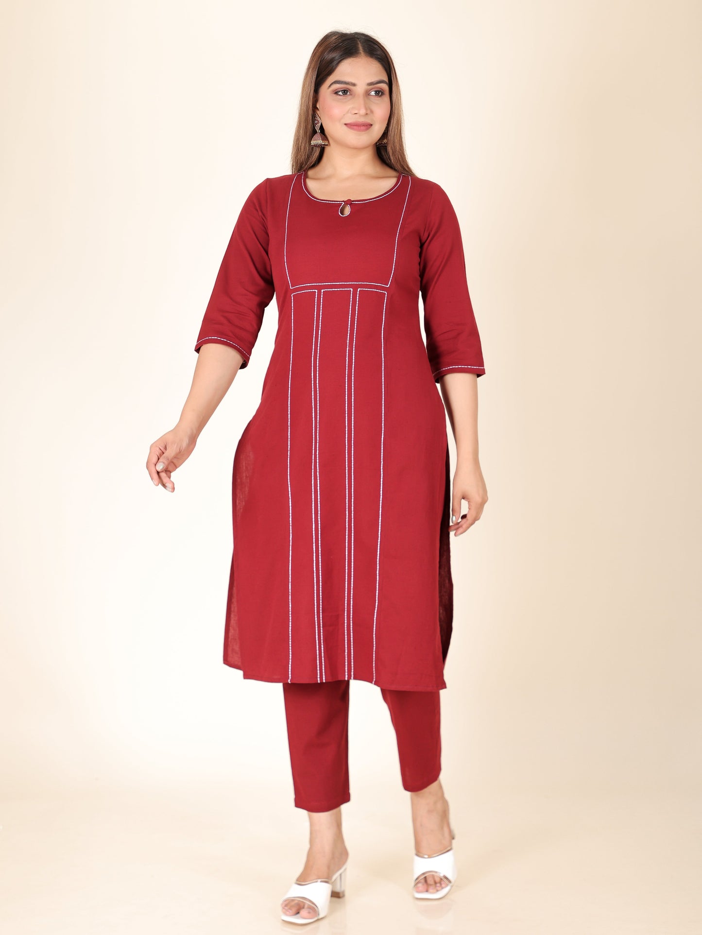 Linen Cotton Solid Panelled Maroon Kurta
