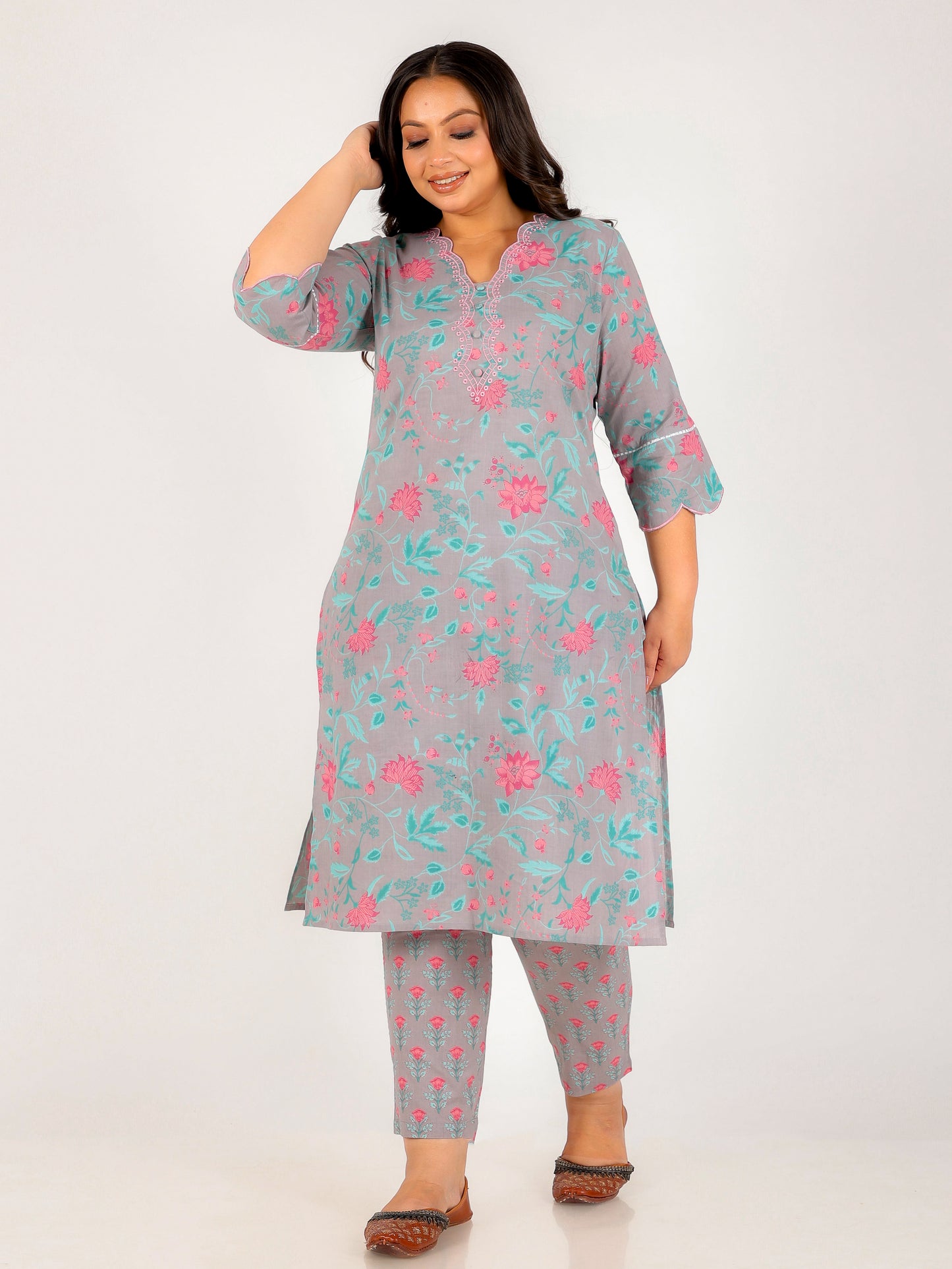 Embroidered Soft Cotton Floral Straight Grey Kurta