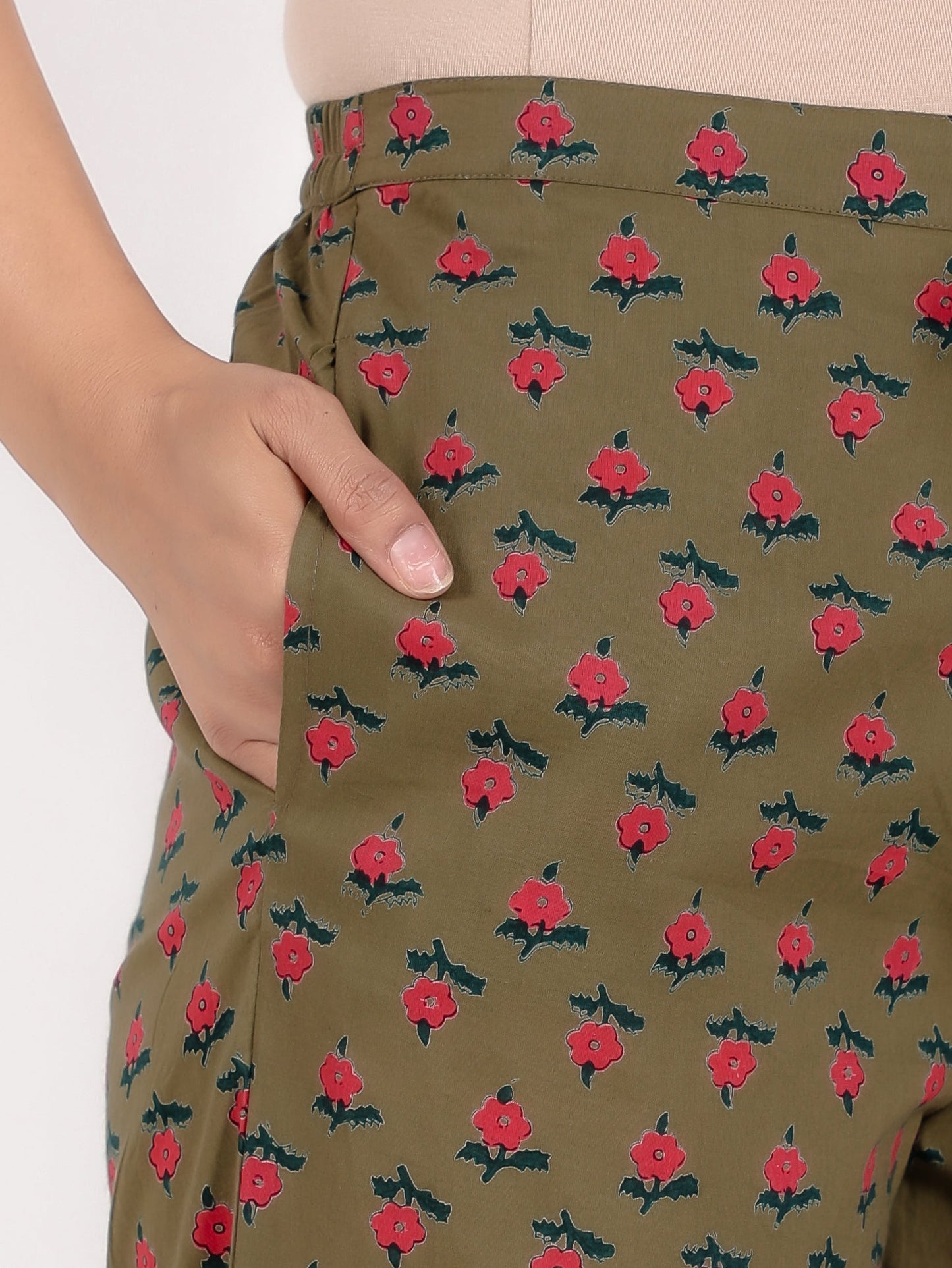 Soft Cotton Floral Green Tapered Trousers