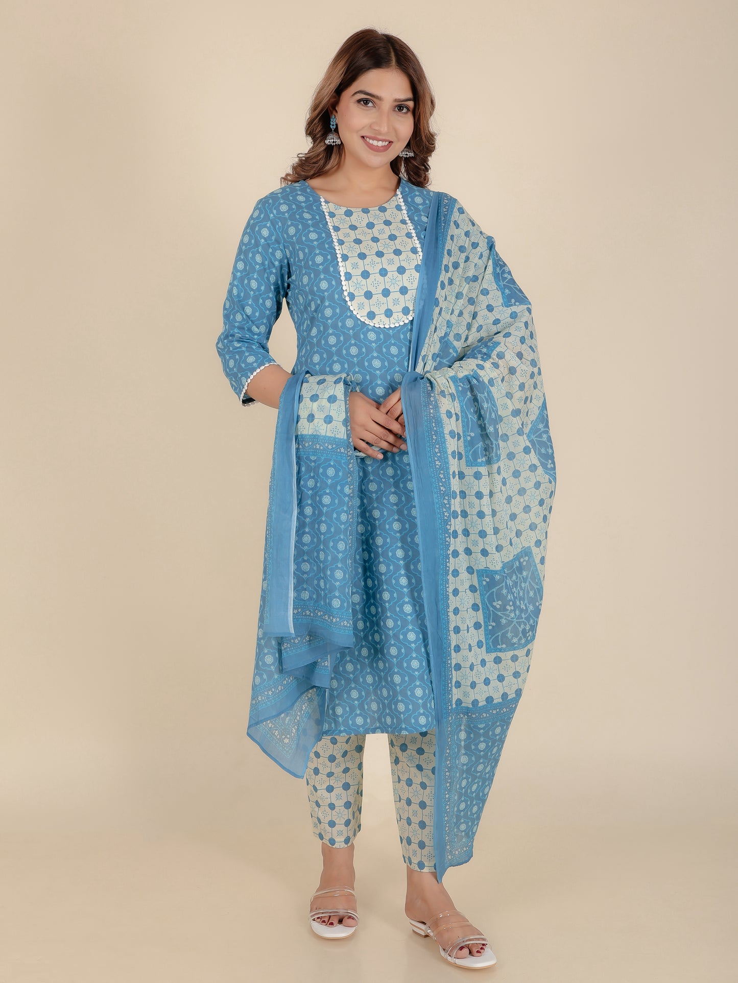 Voile Cotton Geometric Blue Dupatta