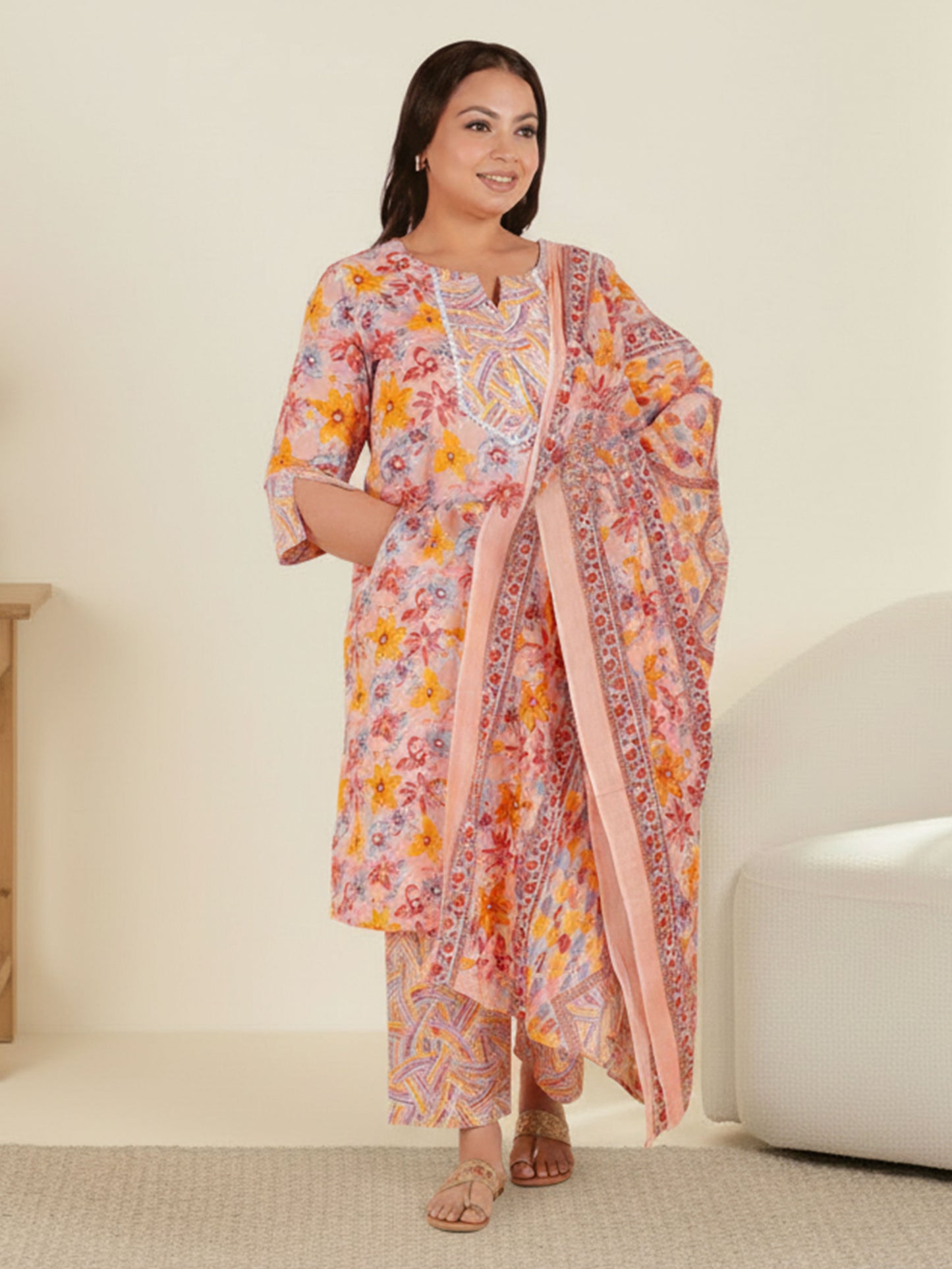 Soft Cotton Floral Straight Pink Kurta
