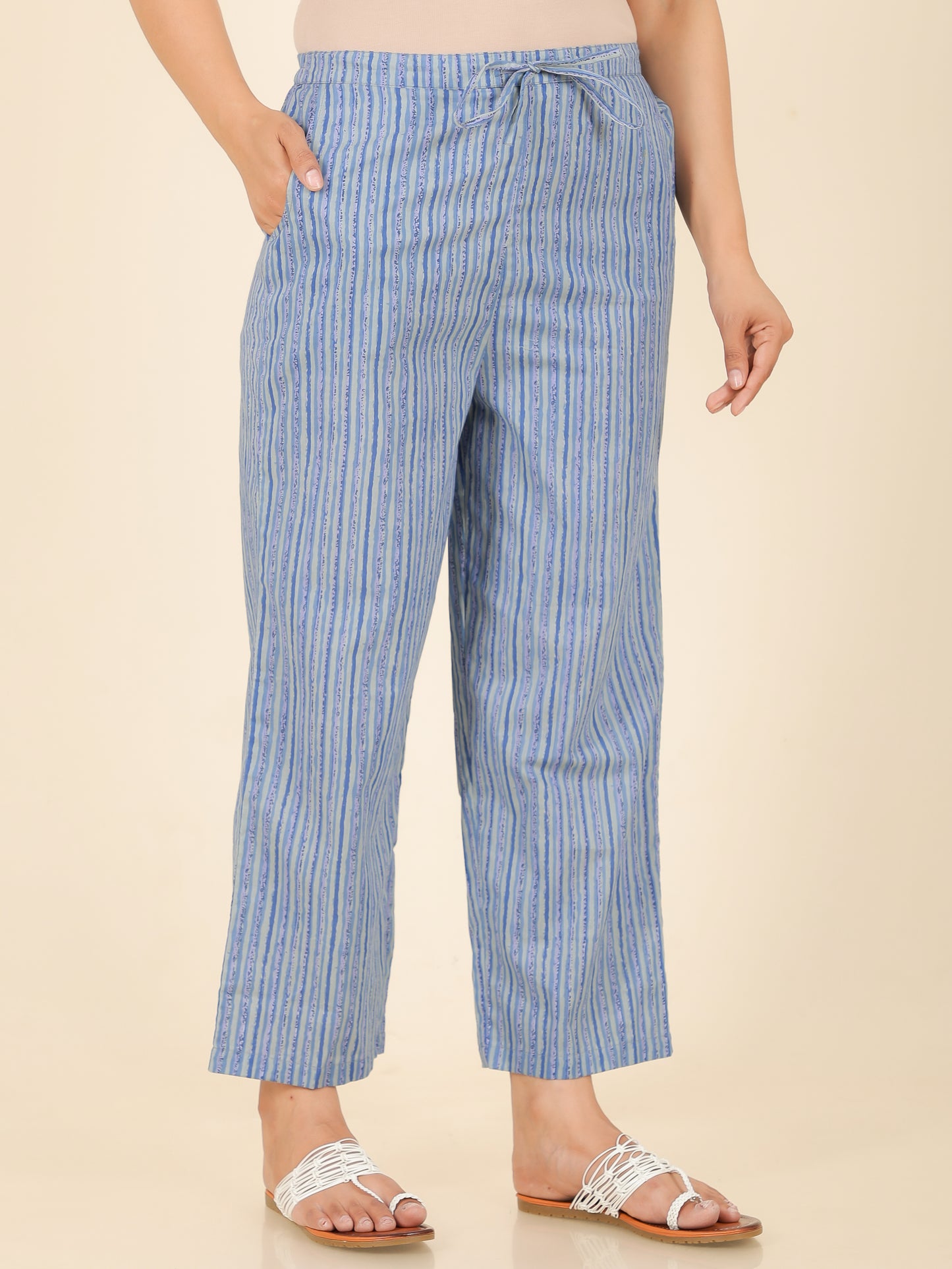 Soft Cotton Striped Blue Straight Trousers