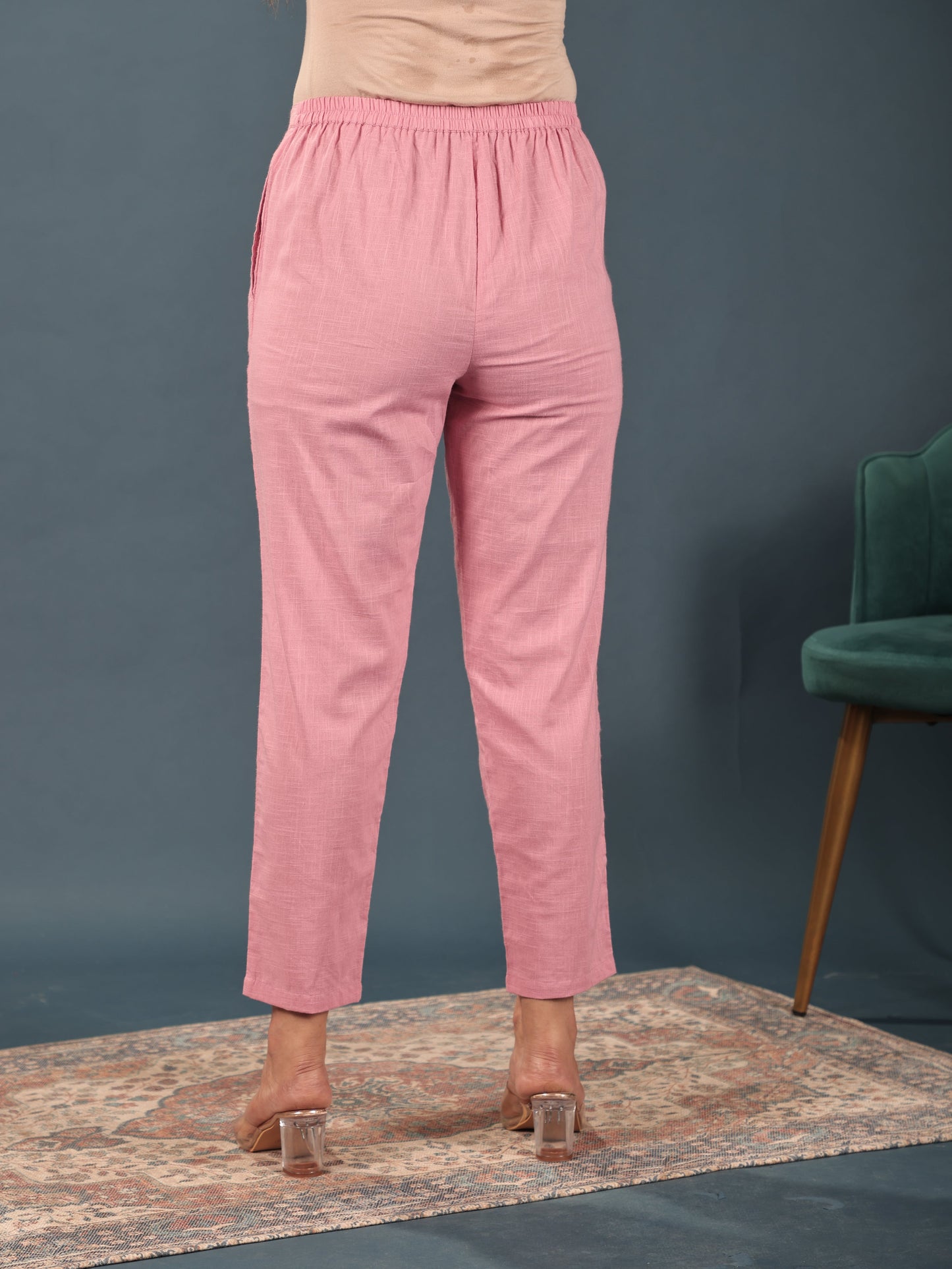 Natural Cotton Solid Pink Tapered Trousers