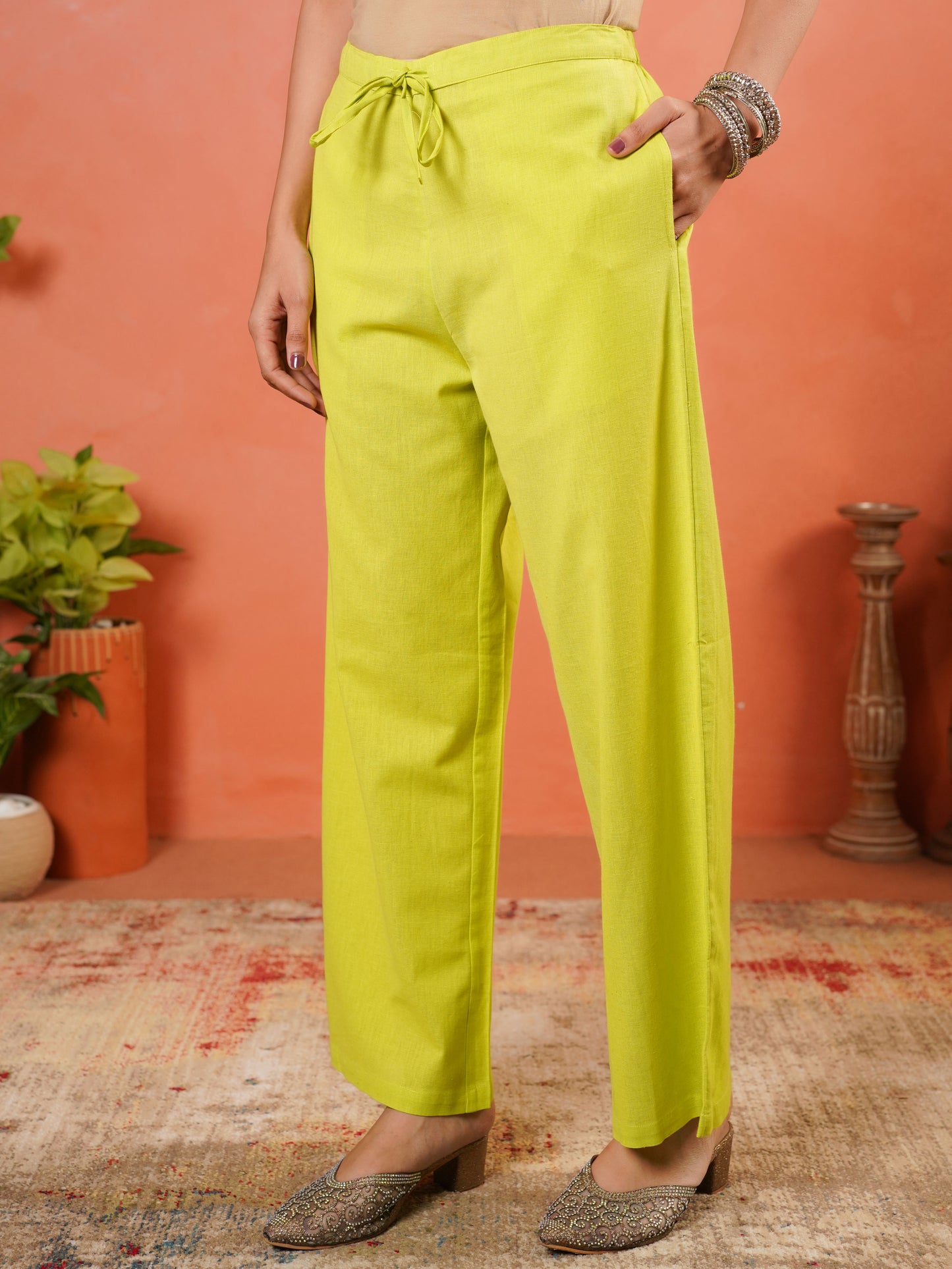 Embroidered Linen Cotton Solid A-line Lime Green Kurta