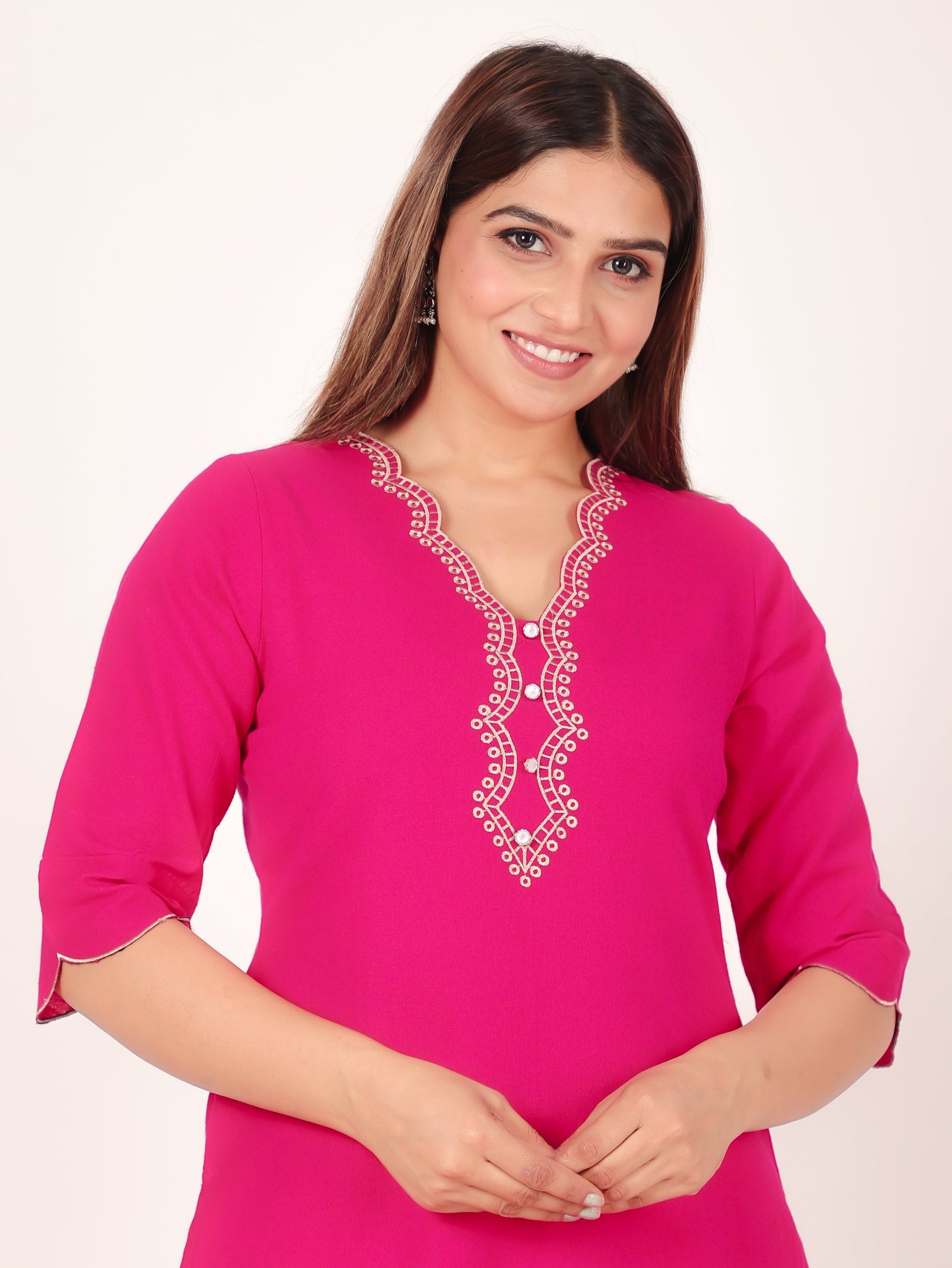 Linen Cotton Solid Straight Pink Kurta