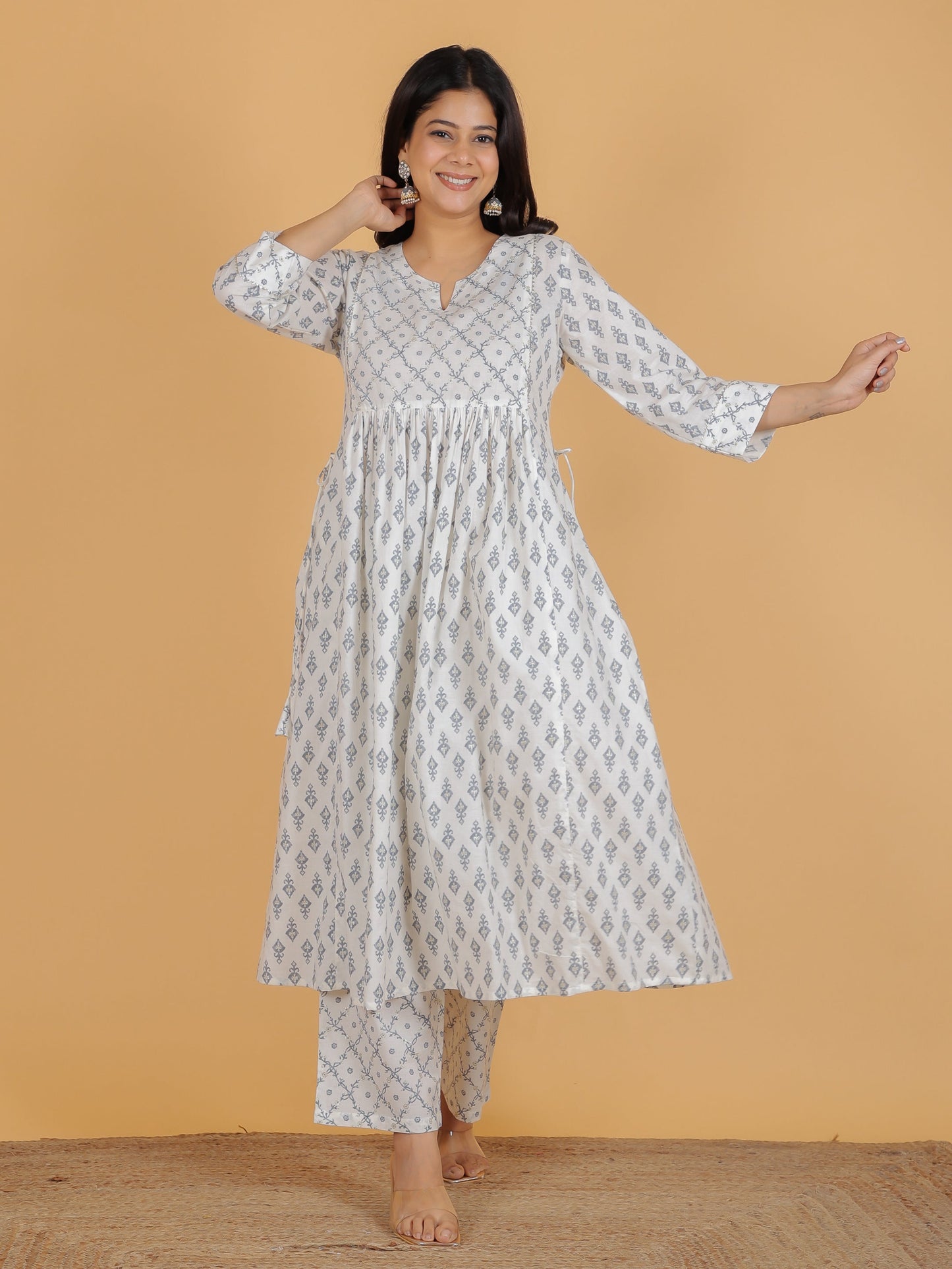 Soft Cotton Ikat A-line Grey Kurta