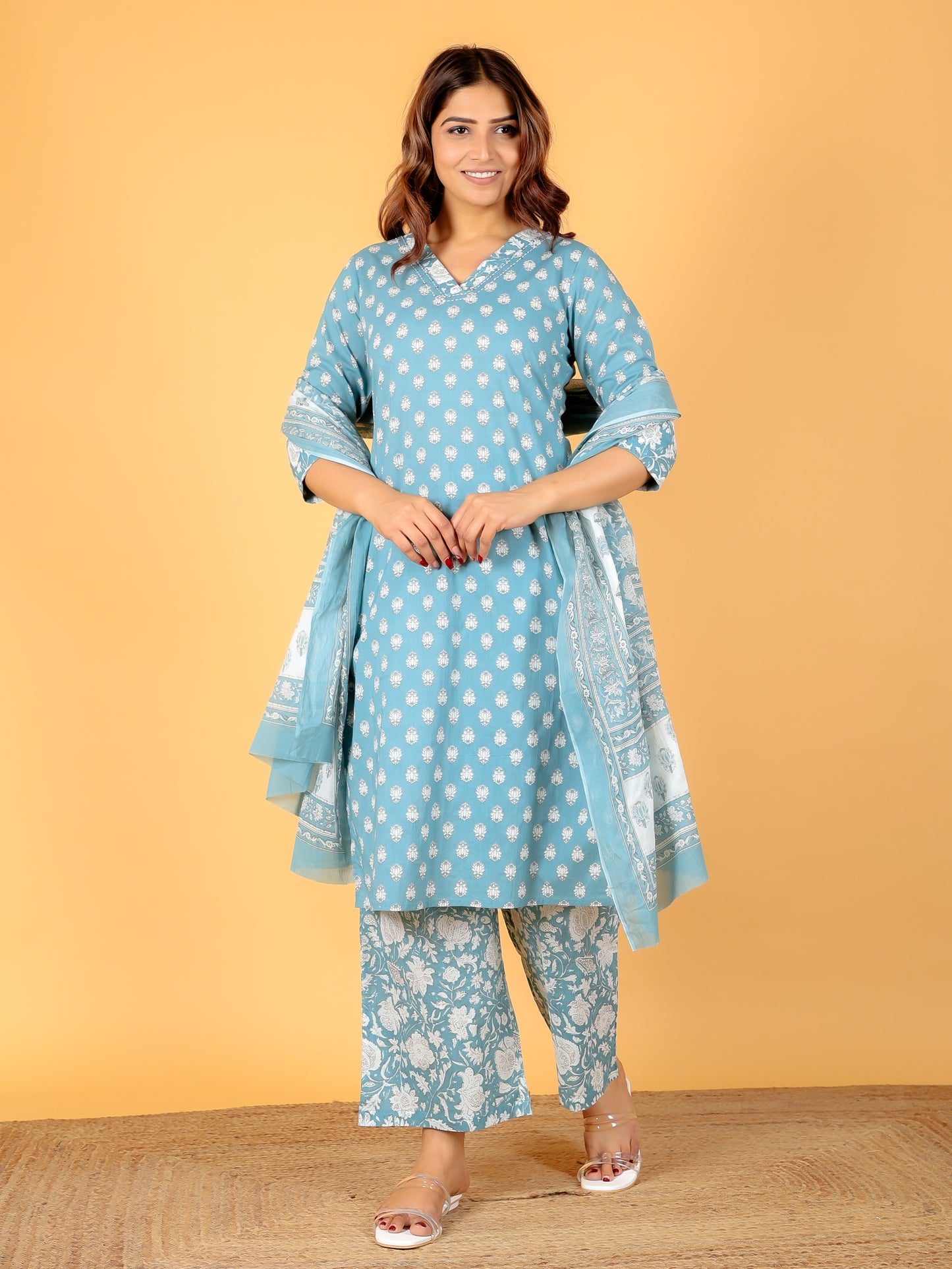 Cotton Voile Block Print Sea Green Dupatta
