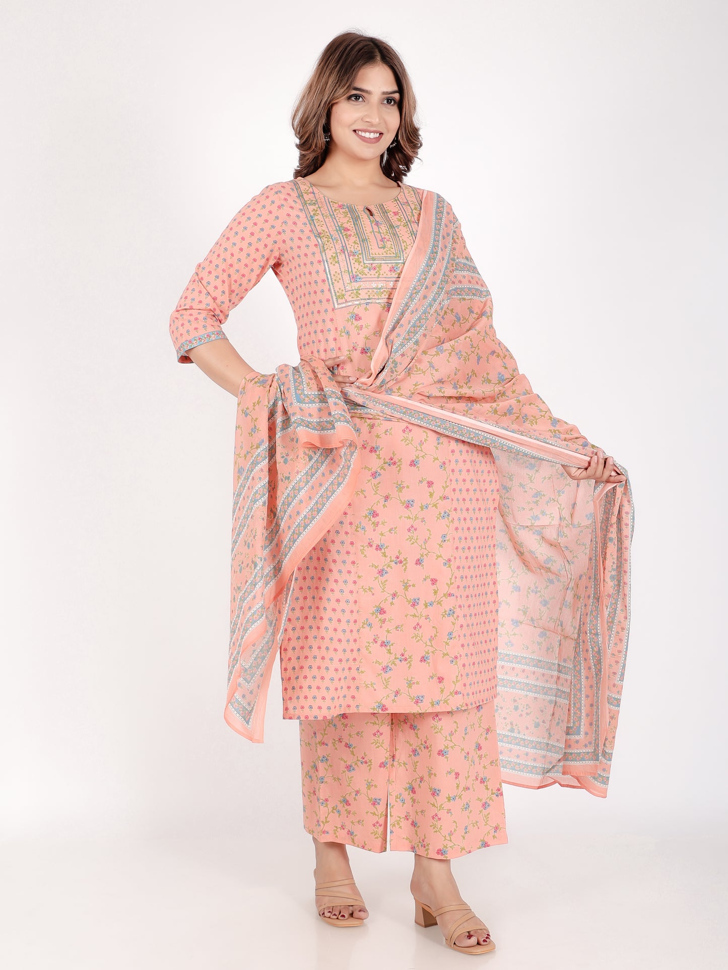 Cotton Voile Floral Peach Dupatta