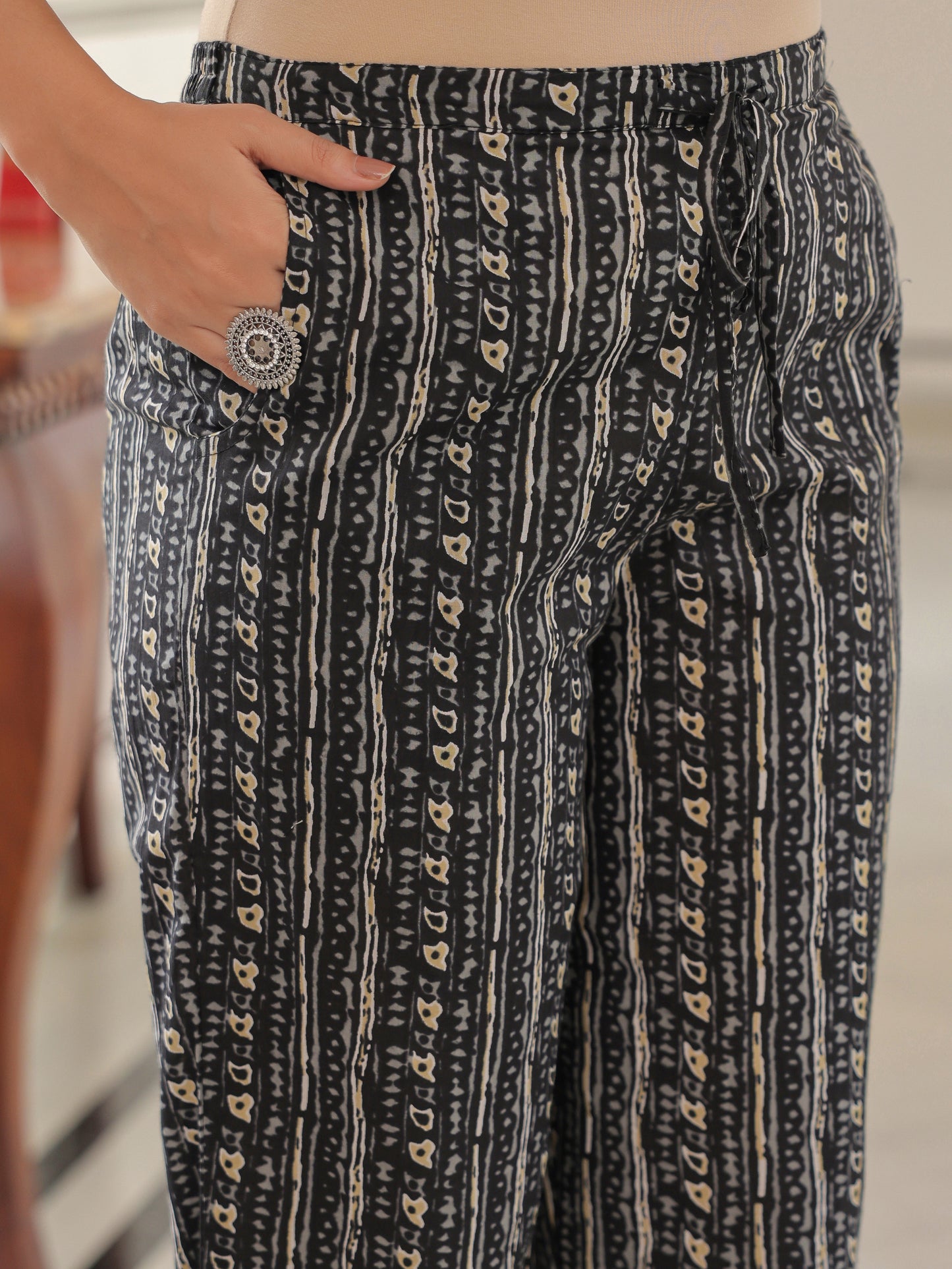Soft Cotton Ikat A-line Black Kurta