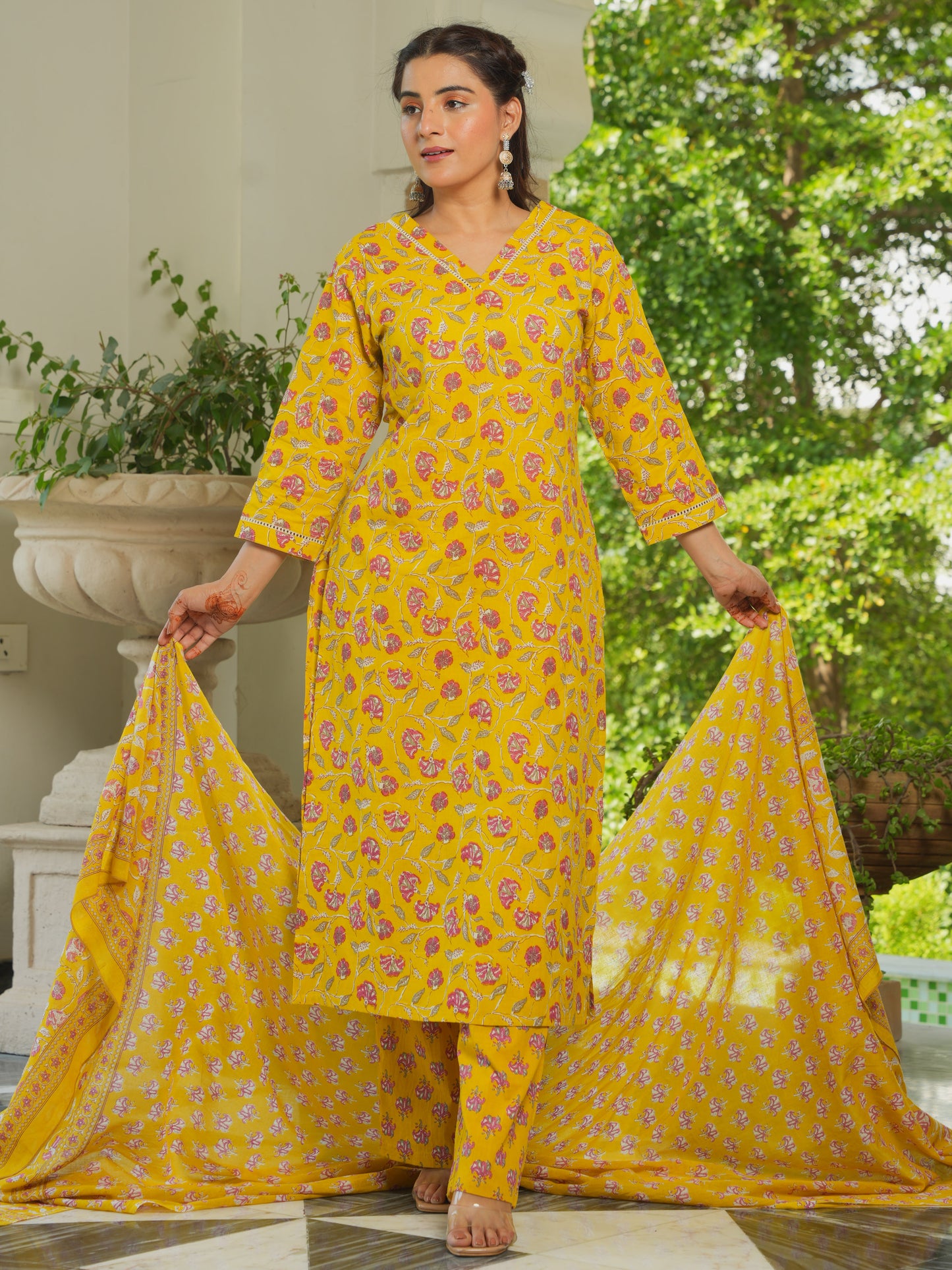 Cotton Voile Floral Yellow Dupatta