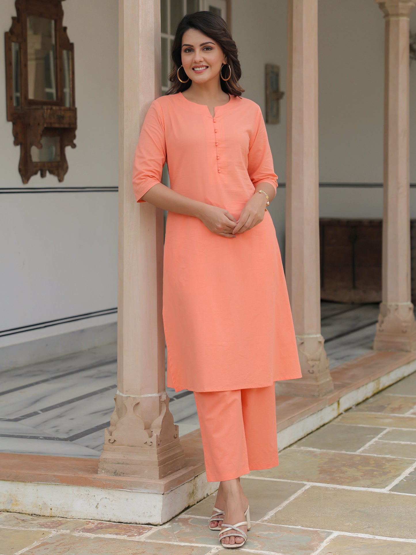 Soft Cotton Solid A-line Orange Kurta