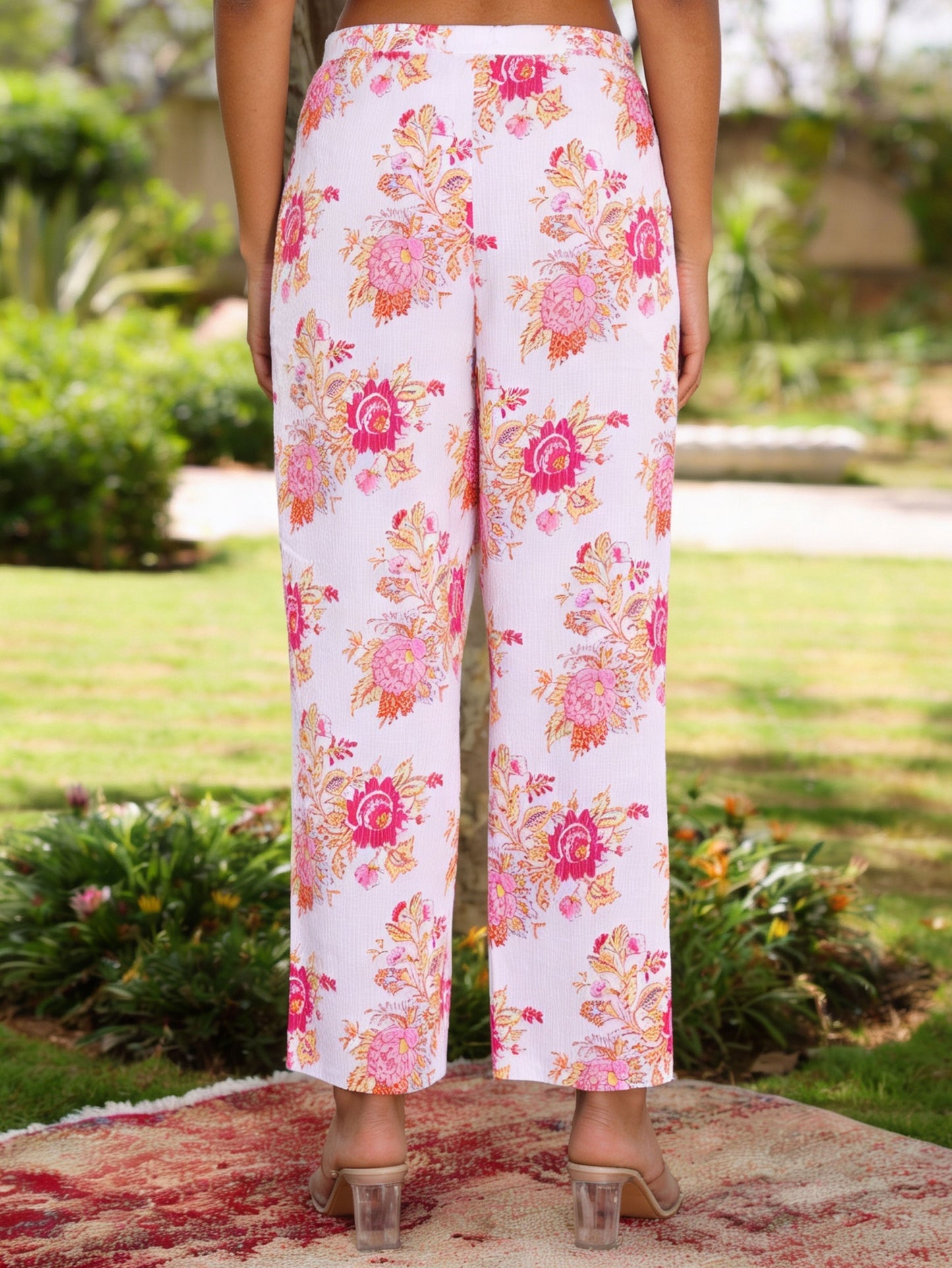 Kantha Cotton Floral White Straight Trousers