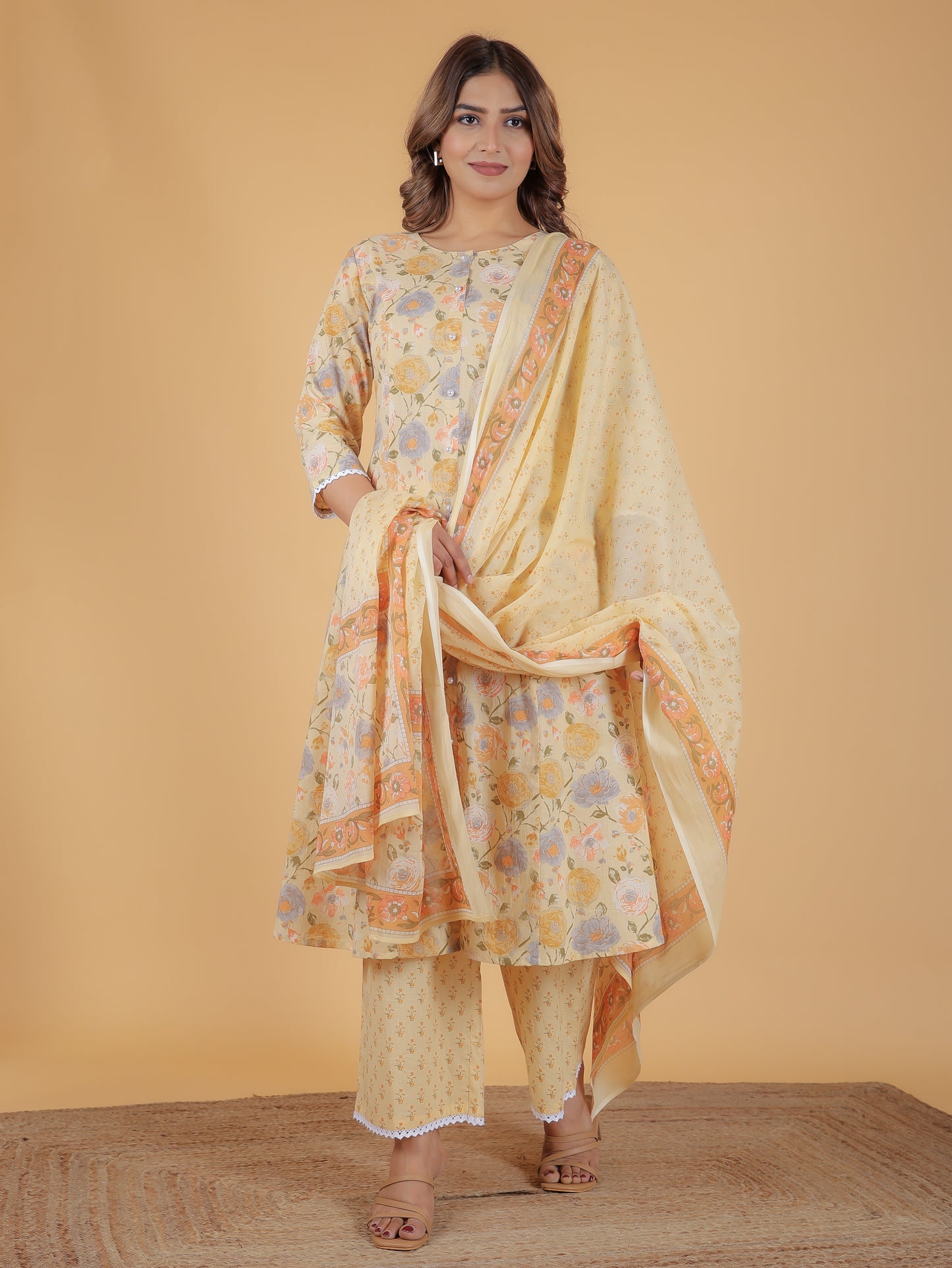 Cotton Voile Floral Yellow Dupatta