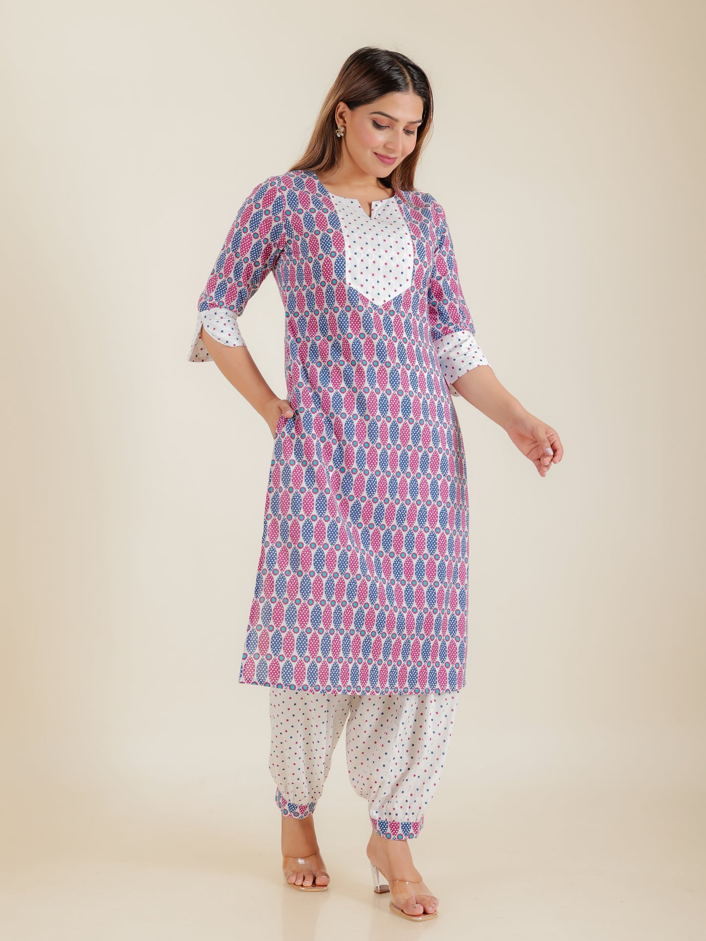 Soft Cotton Abstract Straight Pink Kurta