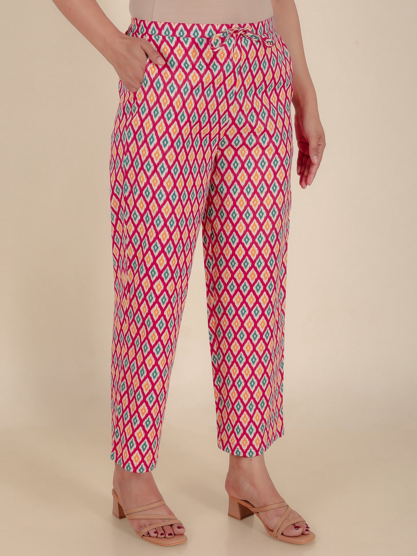 Linen Cotton Ikat Straight Pink Kurta